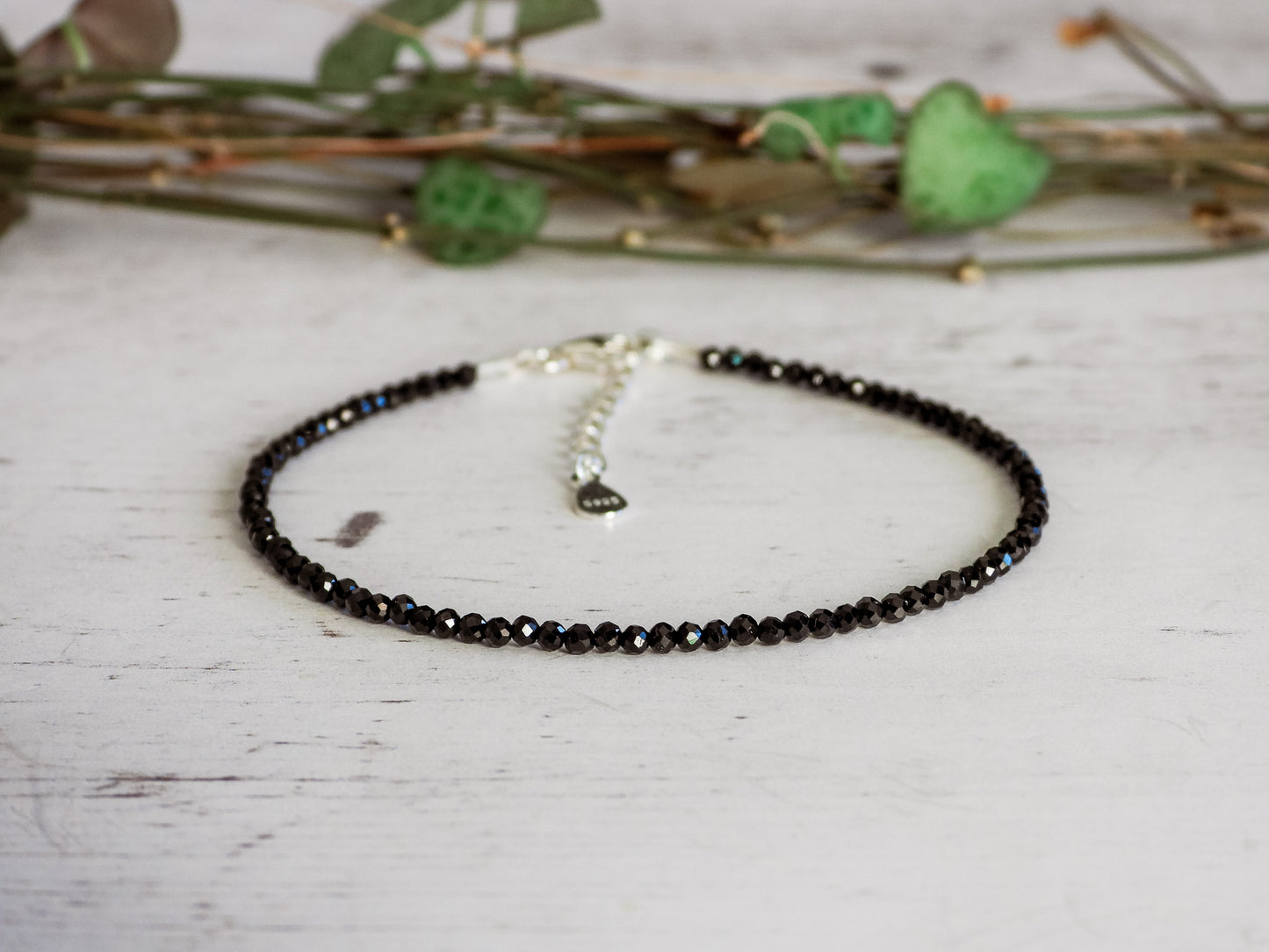 adjustable black spinel gemstone beaded bracelet with sterling silver chain