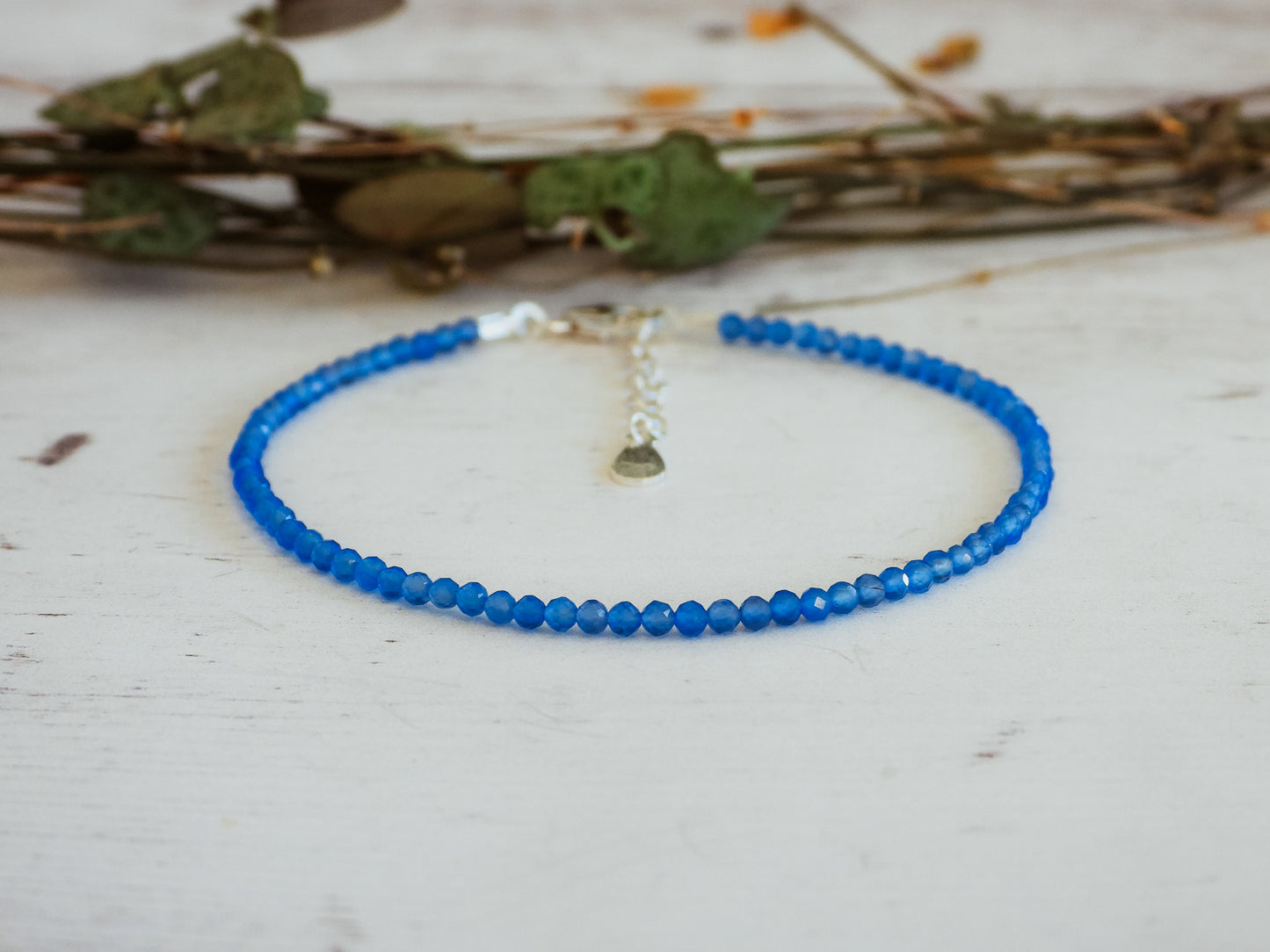 adjustable blue chalcedony beaded bracelet with sterling silver chain