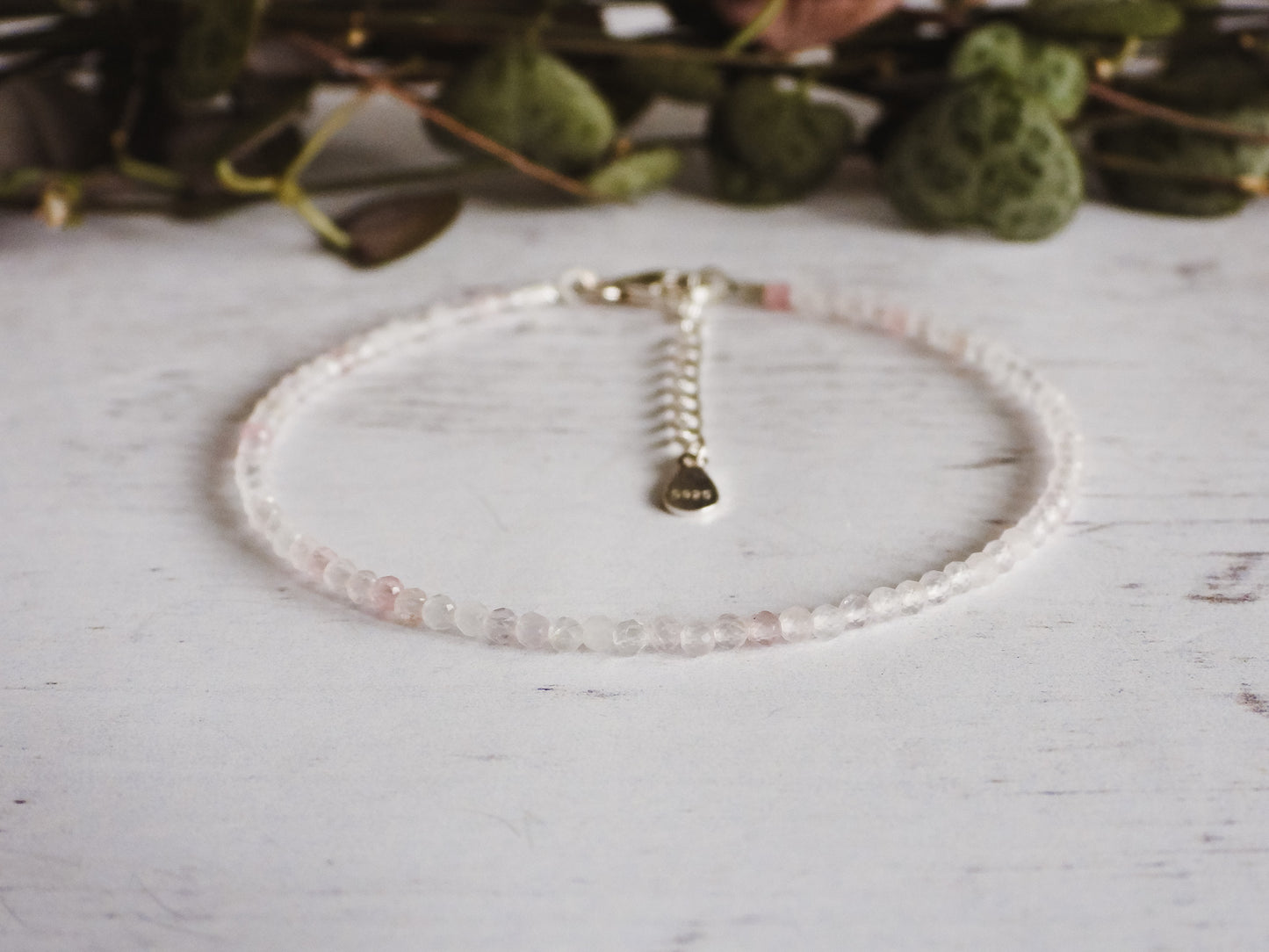 adjustable pink rose quartz gemstone beaded bracelet sterling silver