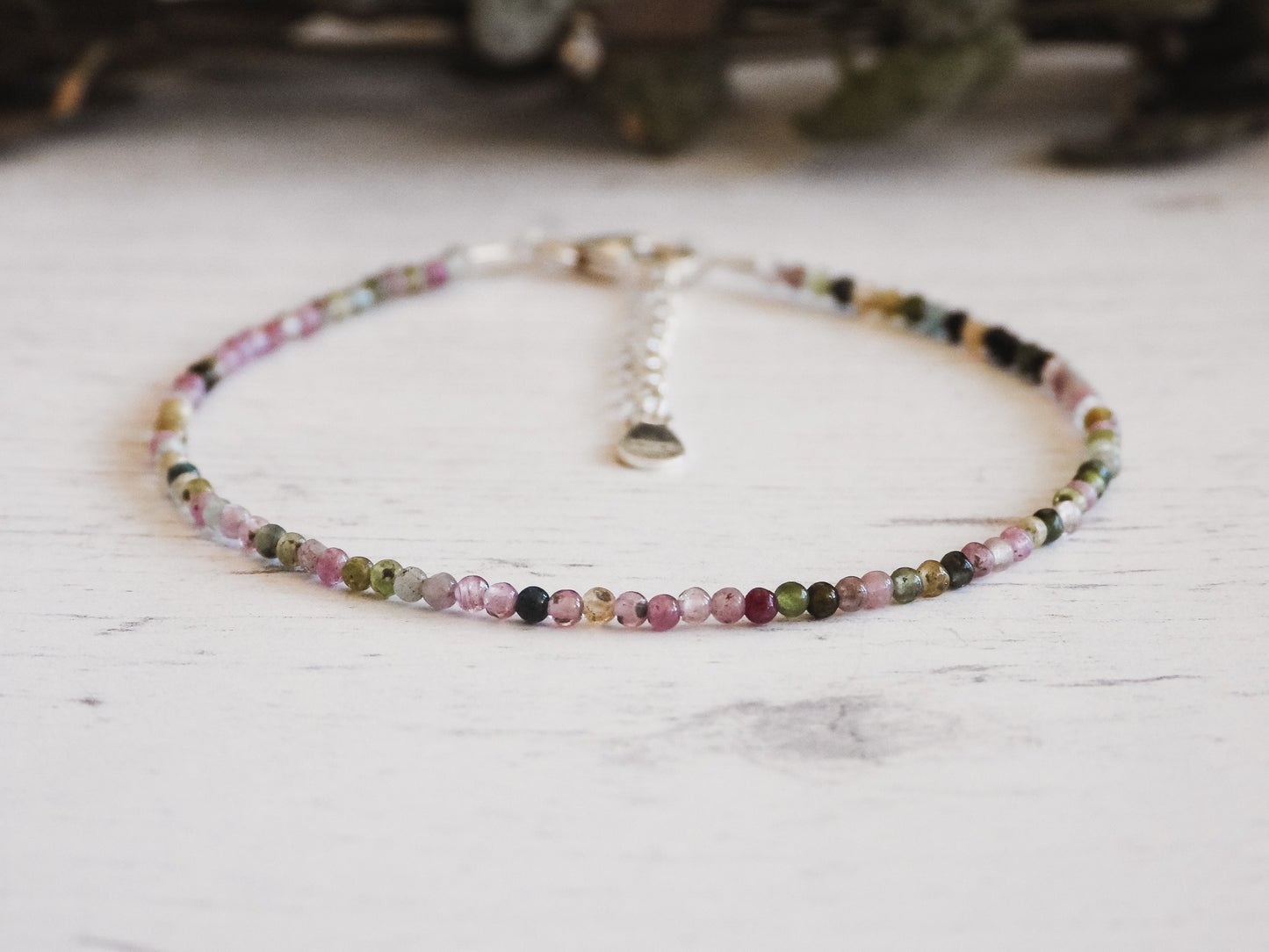 adjustable rainbow tourmaline crystal healing bracelet with sterling silver chain