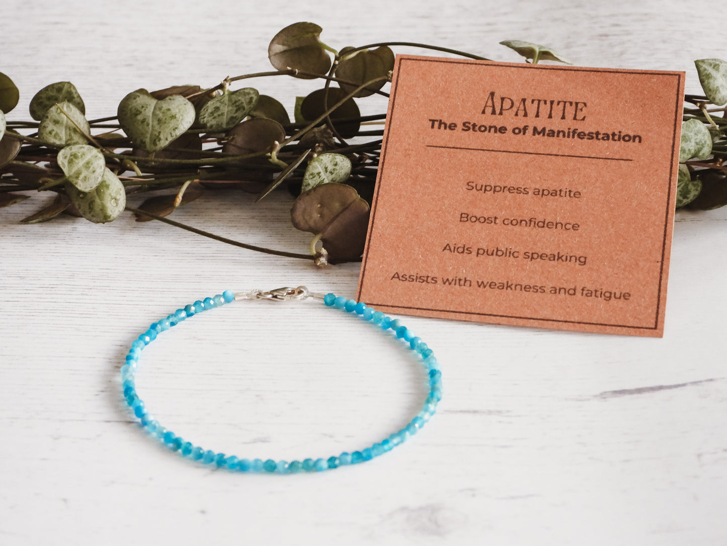 apatite crystal healing gemstone bracelet with properties card