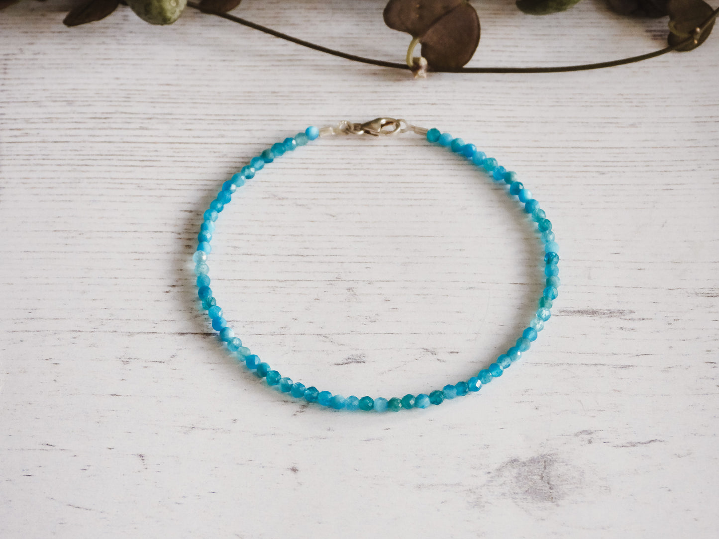 dainty and minimalist blue 2mm apatite beaded bracelet