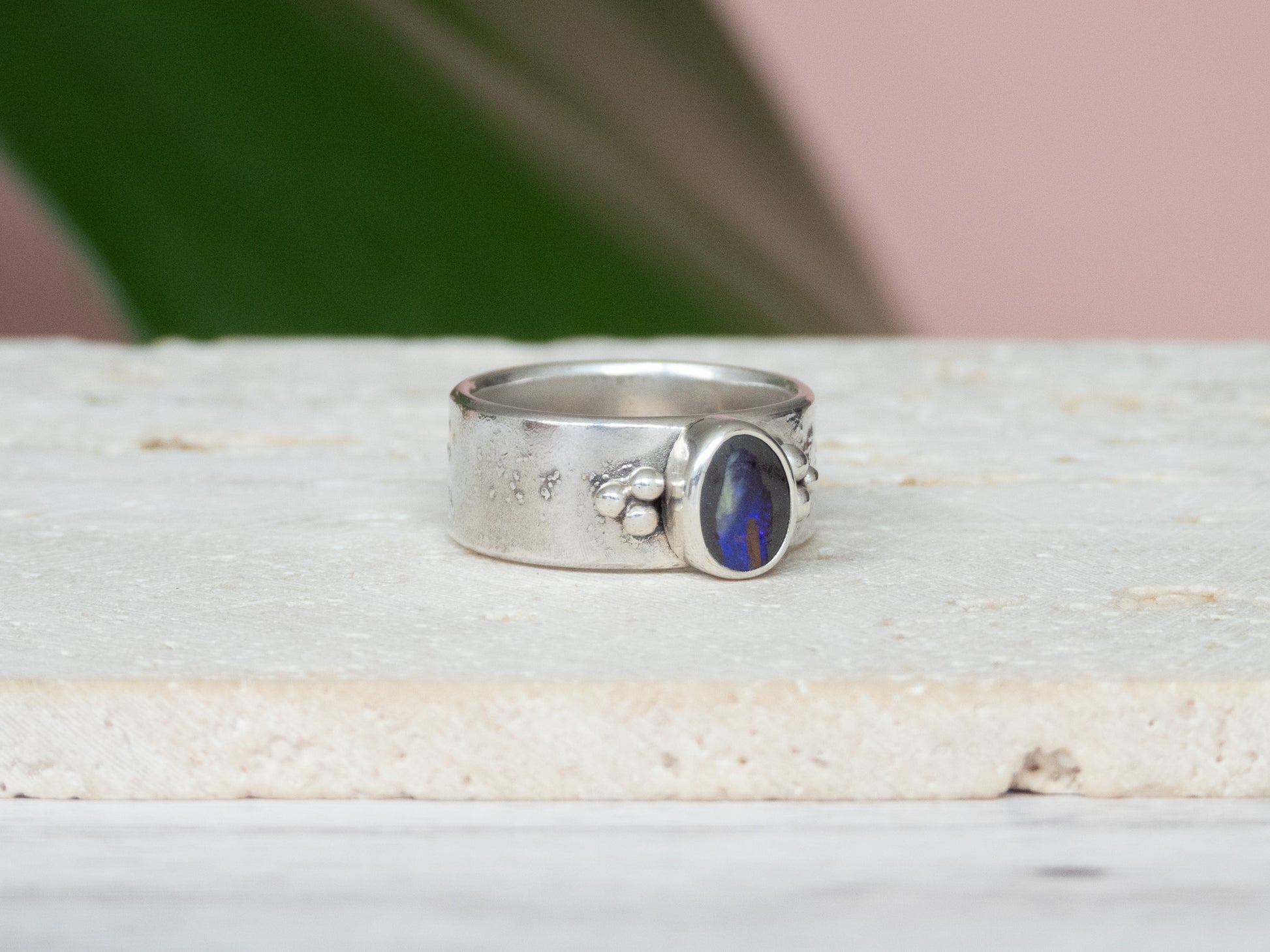 bohemian style boulder opal ring with granulation