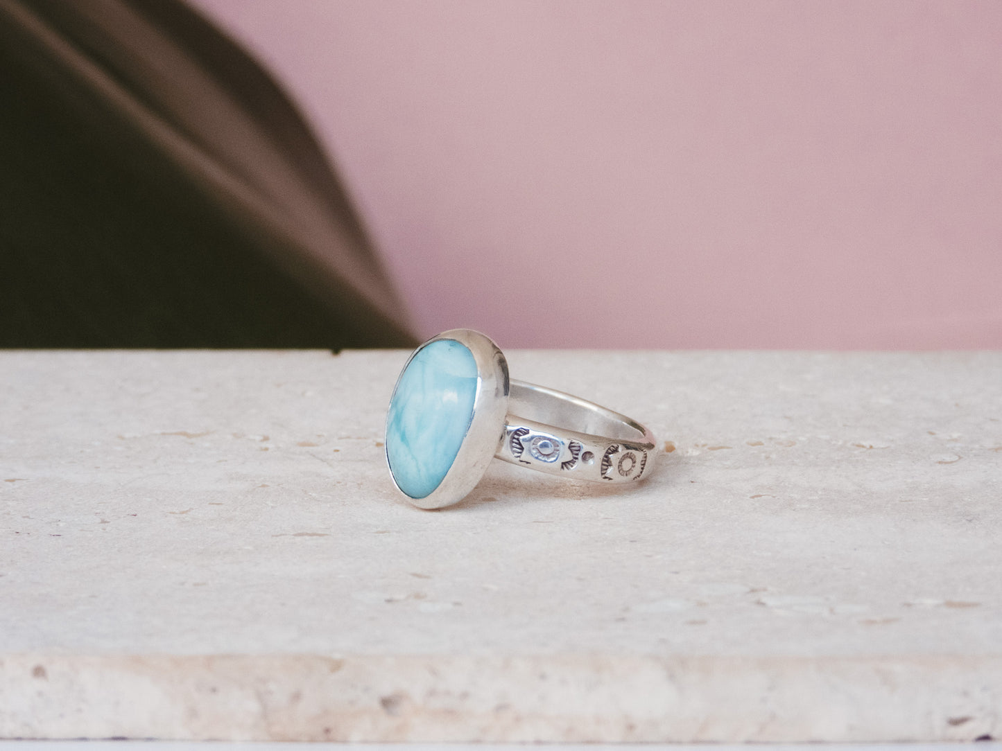 bohemian style larimar ring with sterling silver 925