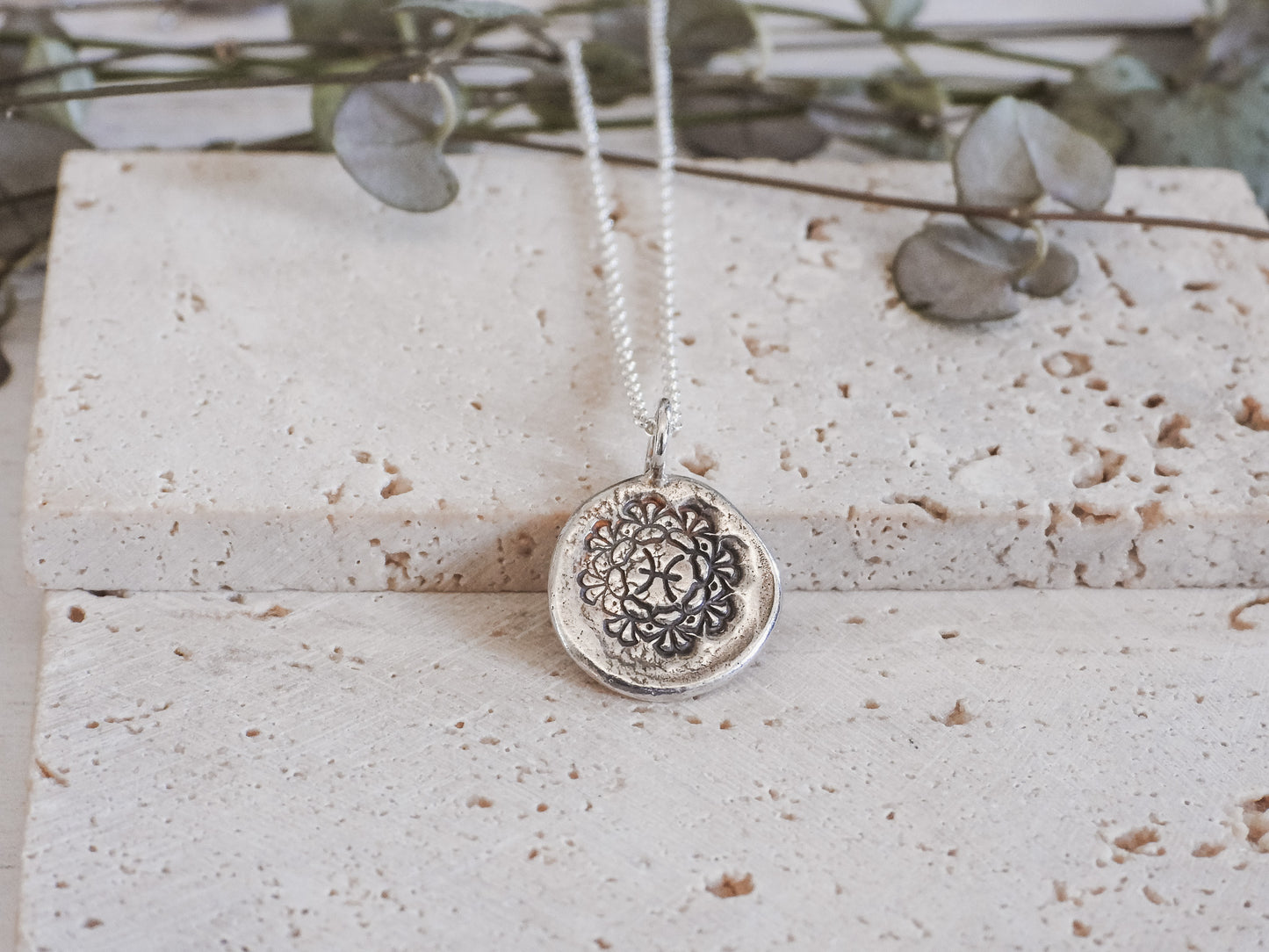boho style pisces mandala necklace with recycled sterling silver