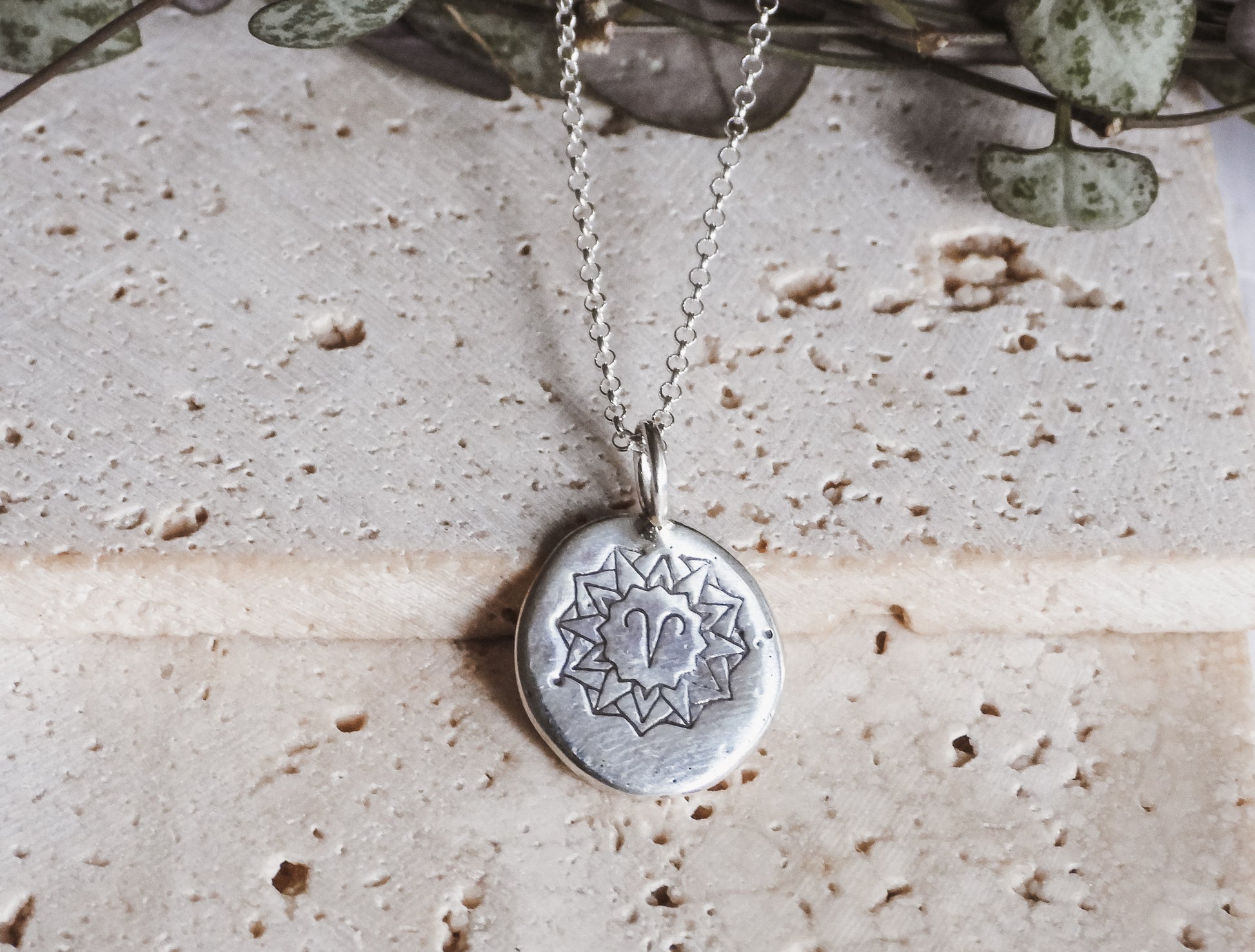 boho style Aries mandala coin necklace with star sign