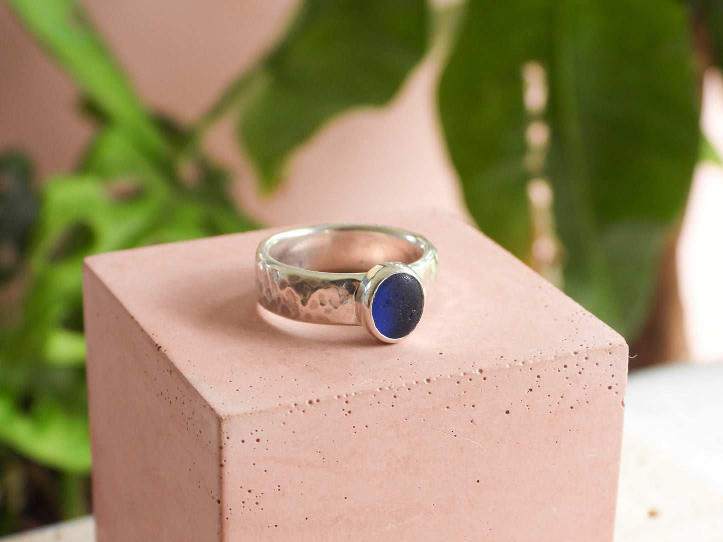 Chunky Dark Blue Seaglass Ring | Recycled Silver 925 | Portreath Beach | Size N/O