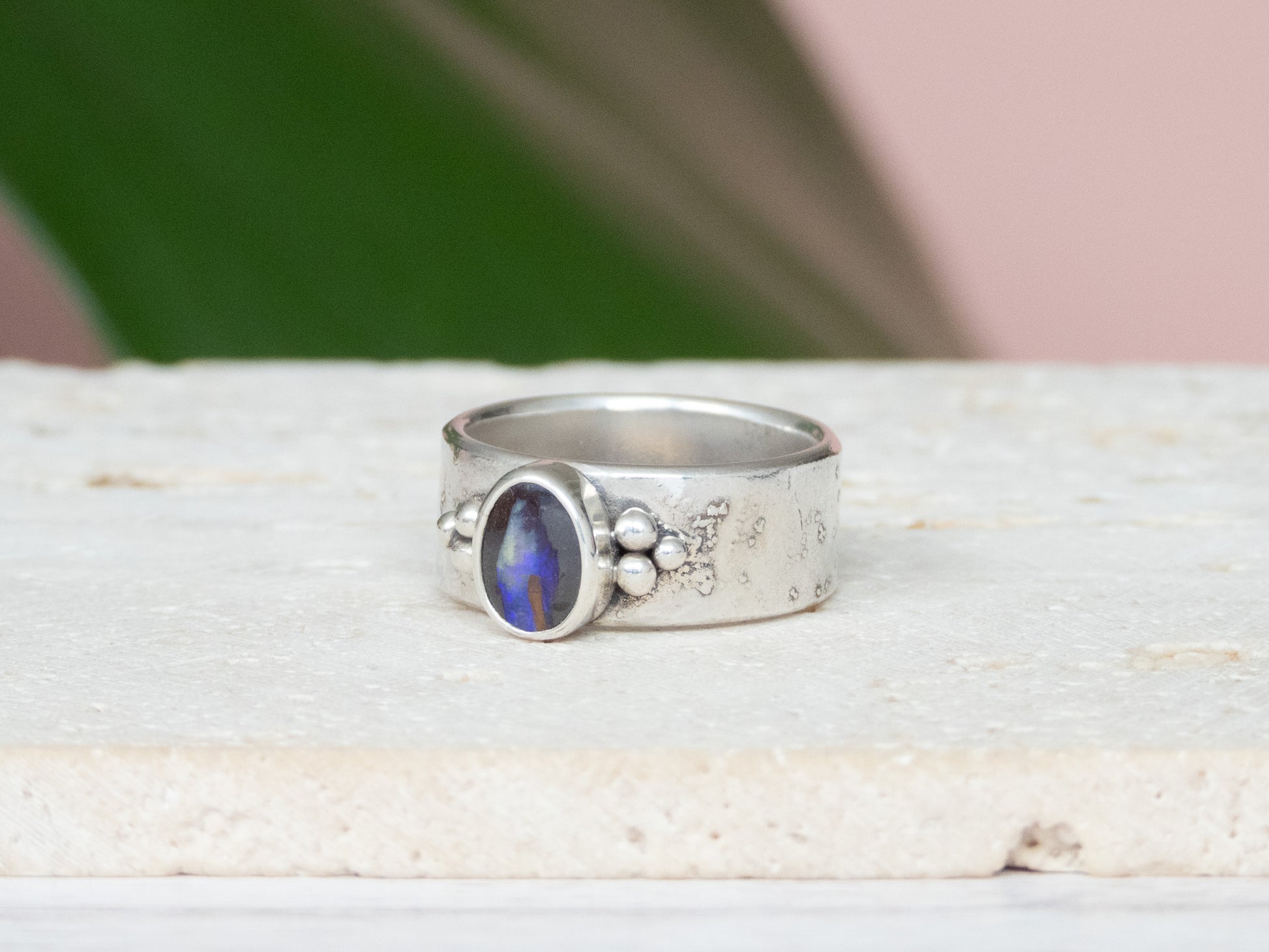chunky and rustic reticulated sterling silver recycled ring with purple Australian Boulder opal