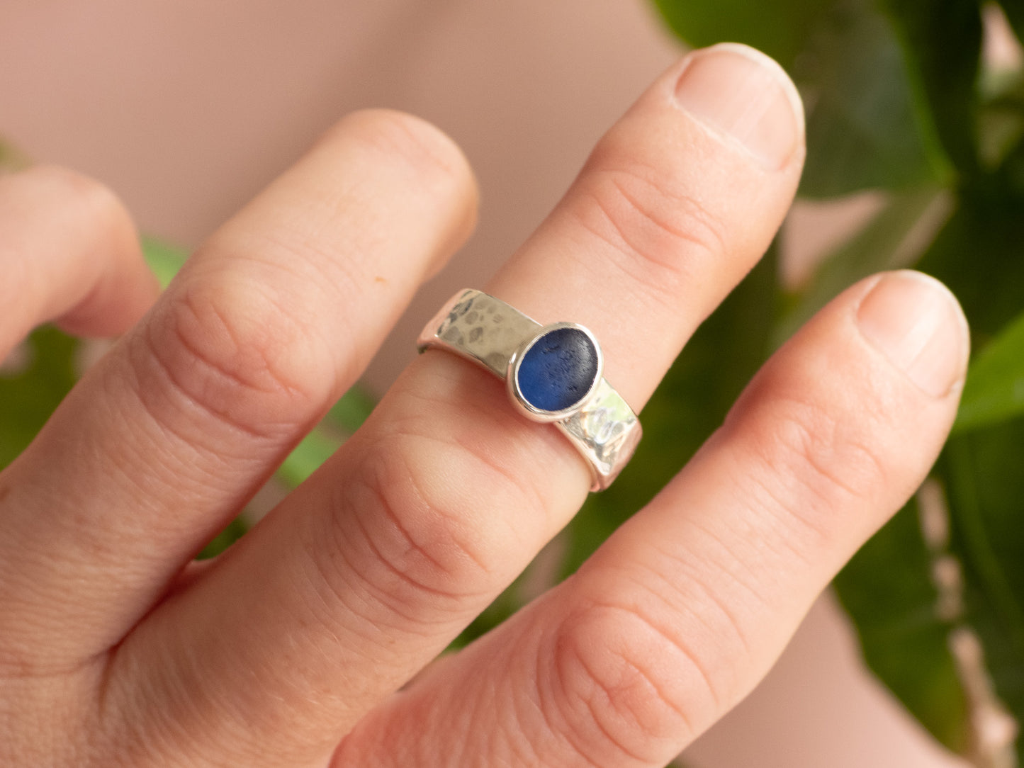 Chunky Dark Blue Seaglass Ring | Recycled Silver 925 | Portreath Beach | Size N/O