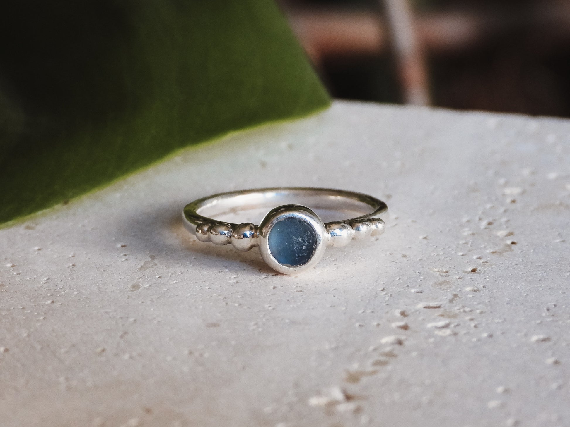 Blue cornish seaglass engagment ring with sterling silver