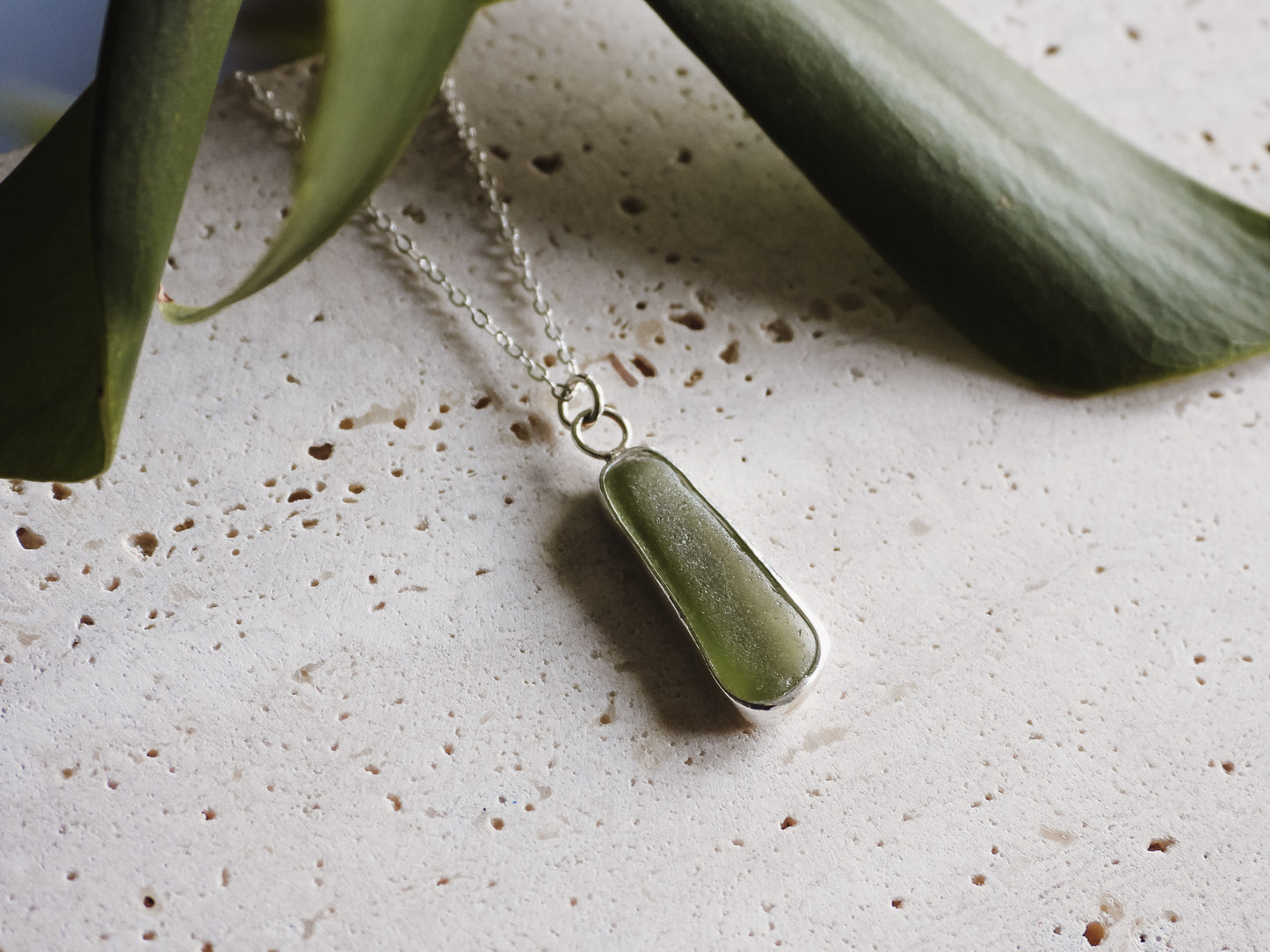 dainty green cornish seaglass necklace silver