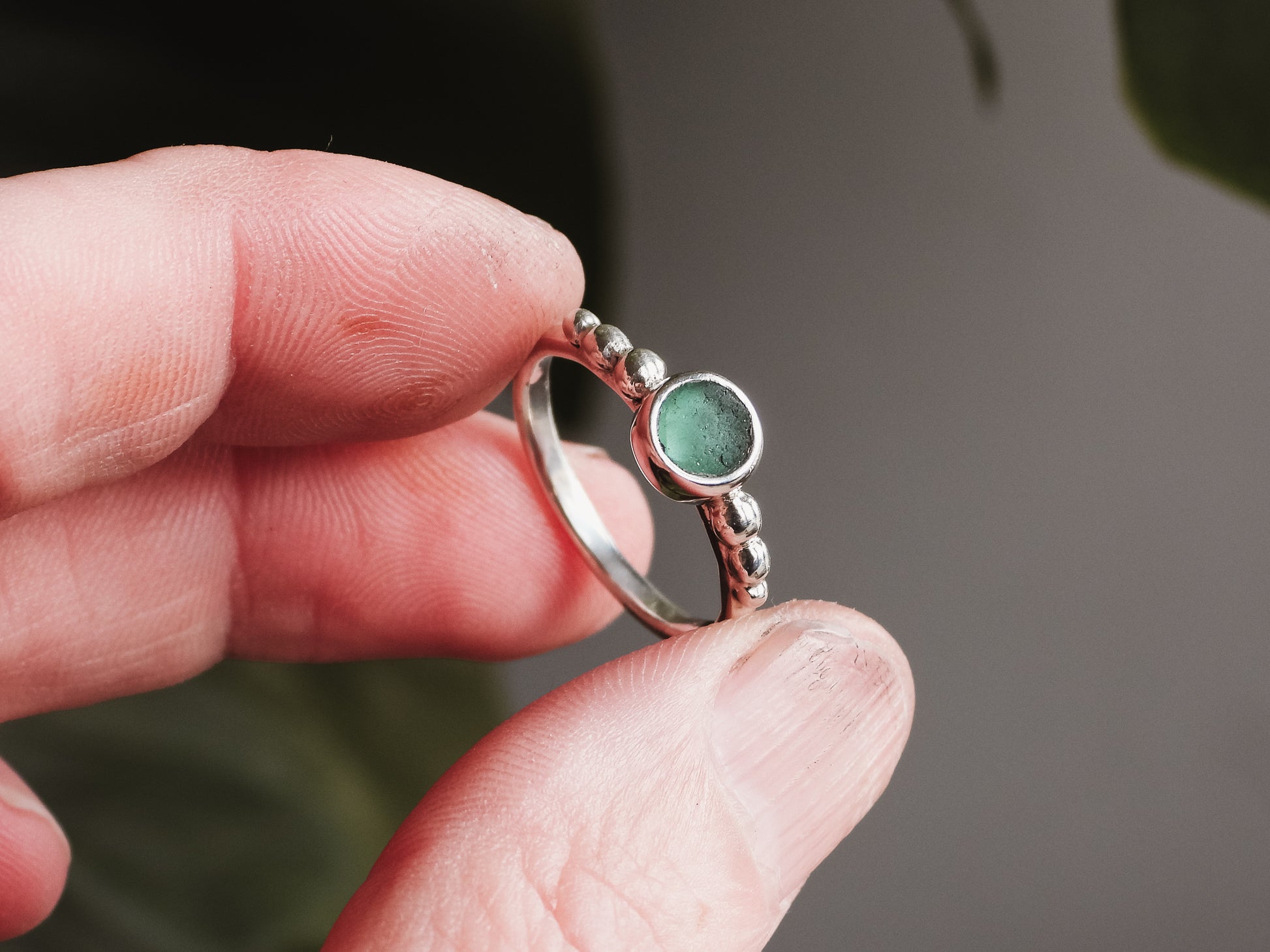 dainty seaglass engagment ring by ula jewellery