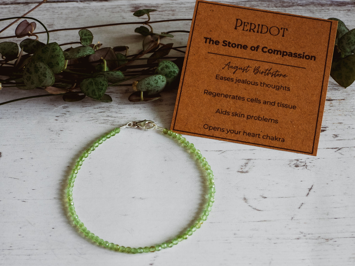 peridot crystal healing beaded bracelet, August birthstone
