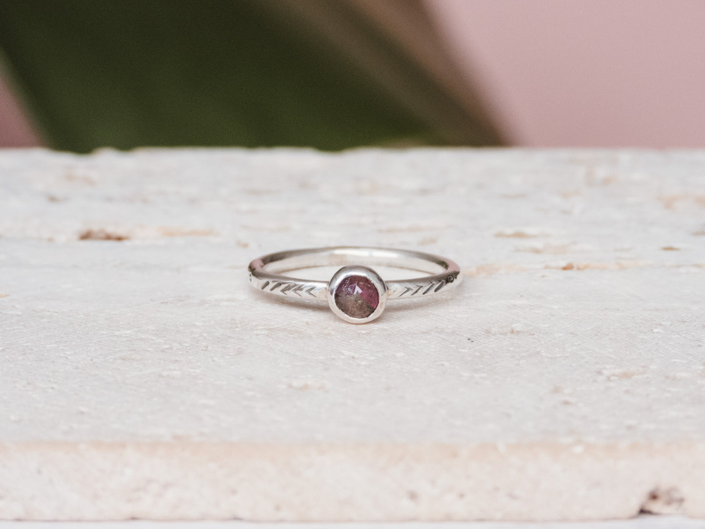 Dainty Pink Tourmaline Stacking Ring | Size L
