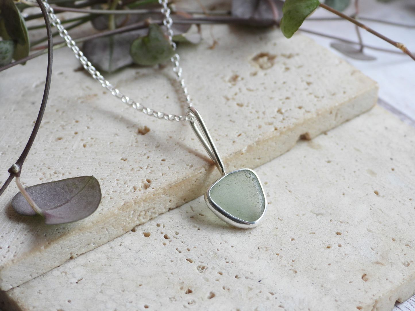 Dainty Cornish Sea Foam Green Sea Glass Necklace | Handmade Sterling Silver 925 | Perranporth Beach