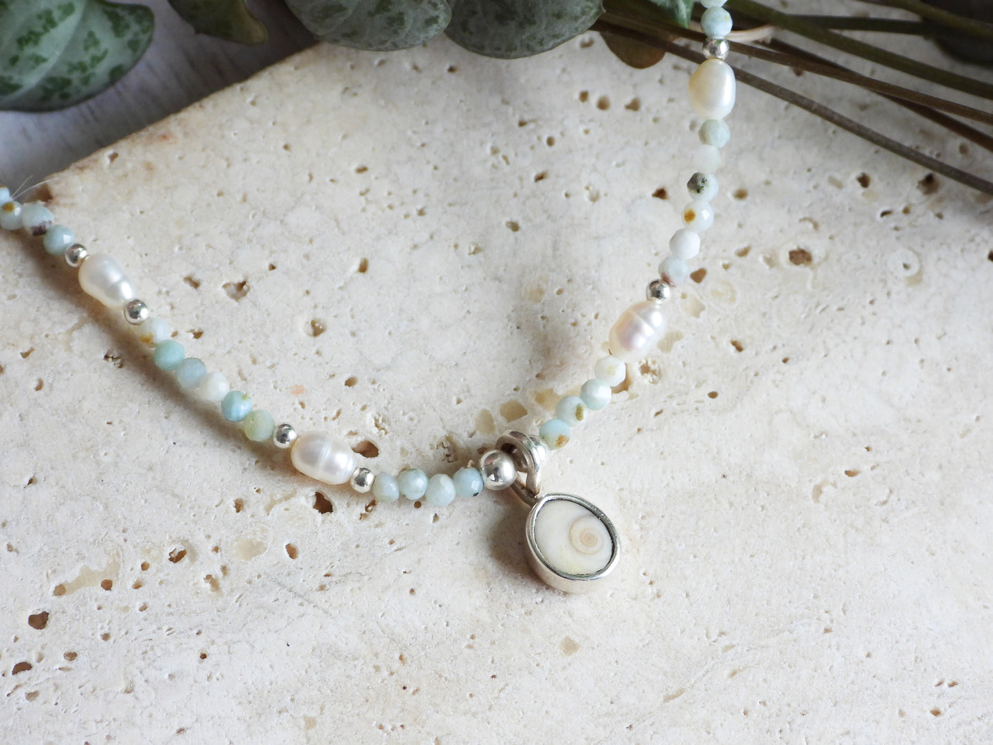 Larimar & Pearl Necklace with Shiva Shell Charm | Morvoren Collection