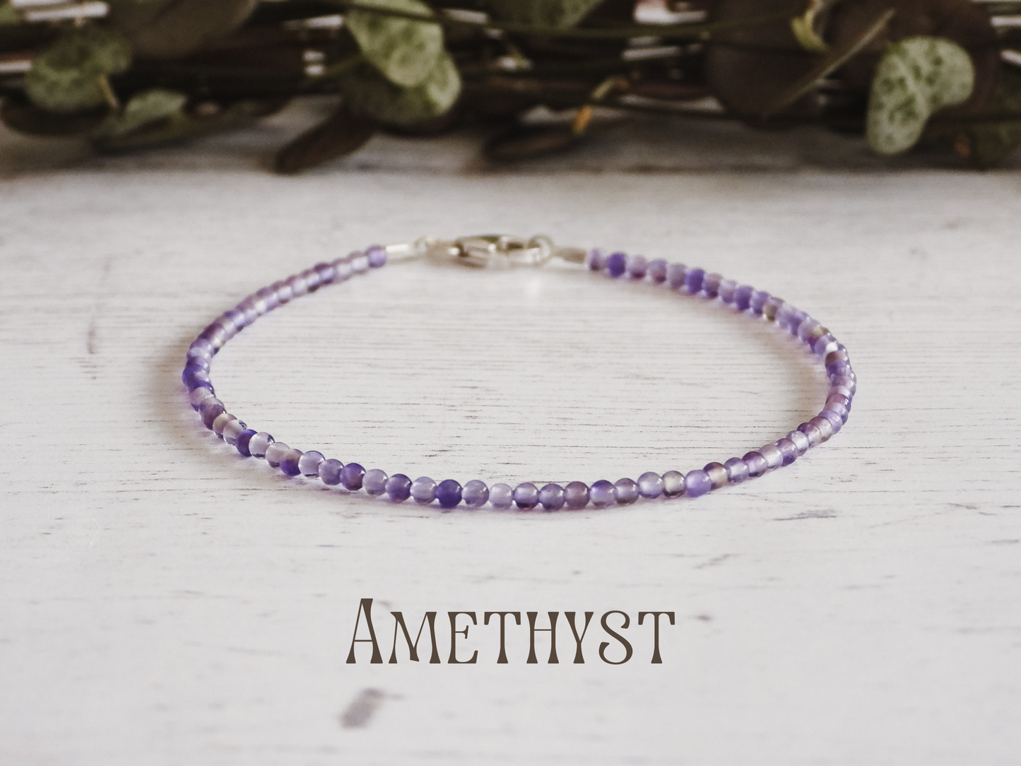 dainty round amethyst 2mm beaded bracelet in purple
