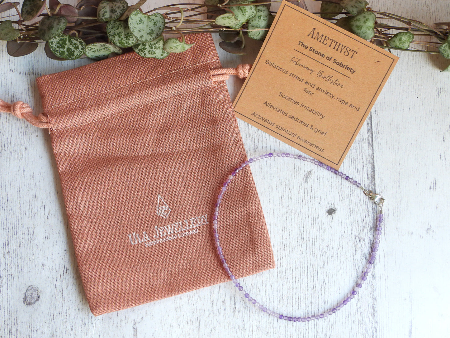 Dainty Amethyst "Sobriety" Gemstone Anklet | February Birthstone| Round Beads
