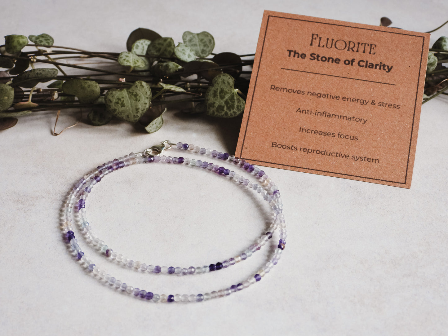 fluorite gemstone beaded choker with healing properties card