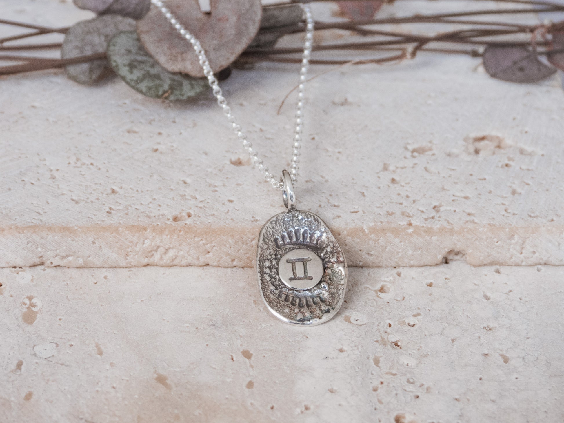 gemini boho style zodiac necklace made with recycled sterling silver