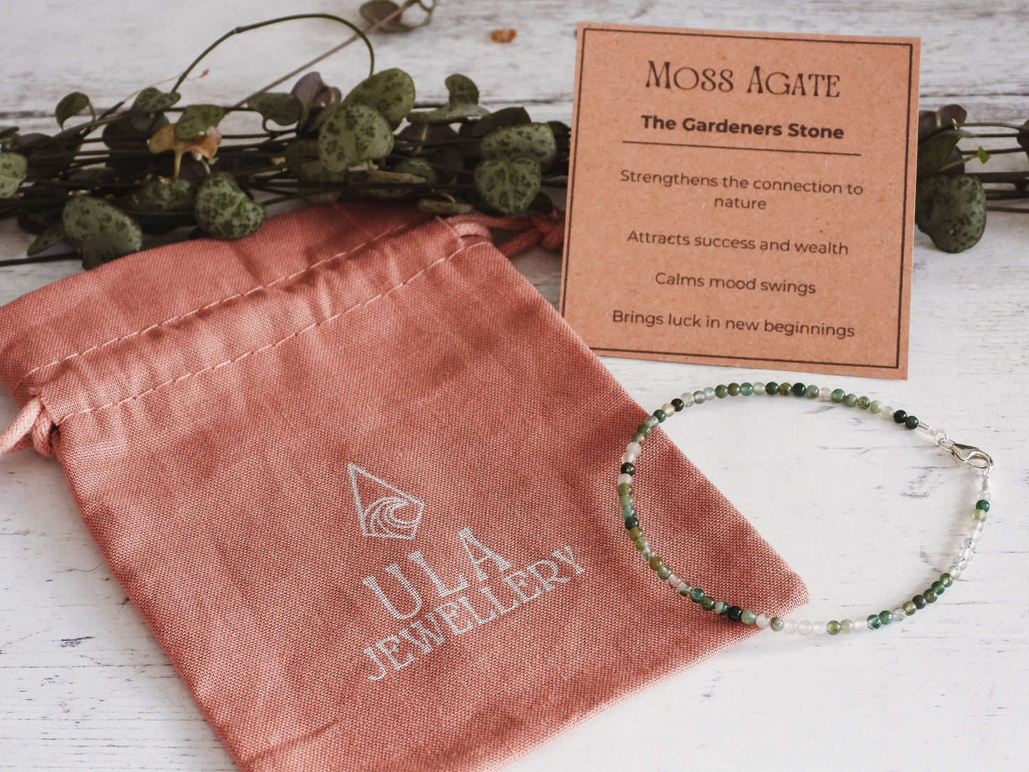 gift idea for gardener, moss agate custom beaded bracelet
