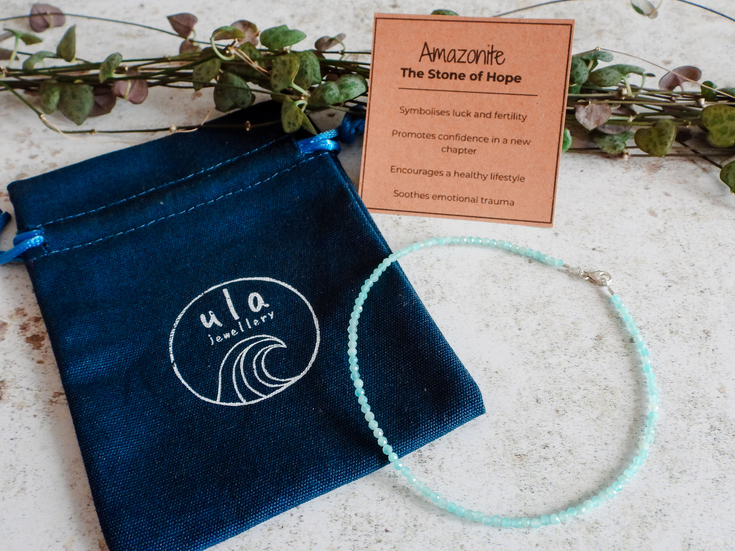 gift idea, amazonite gemstone anklet in a teal gift pouch