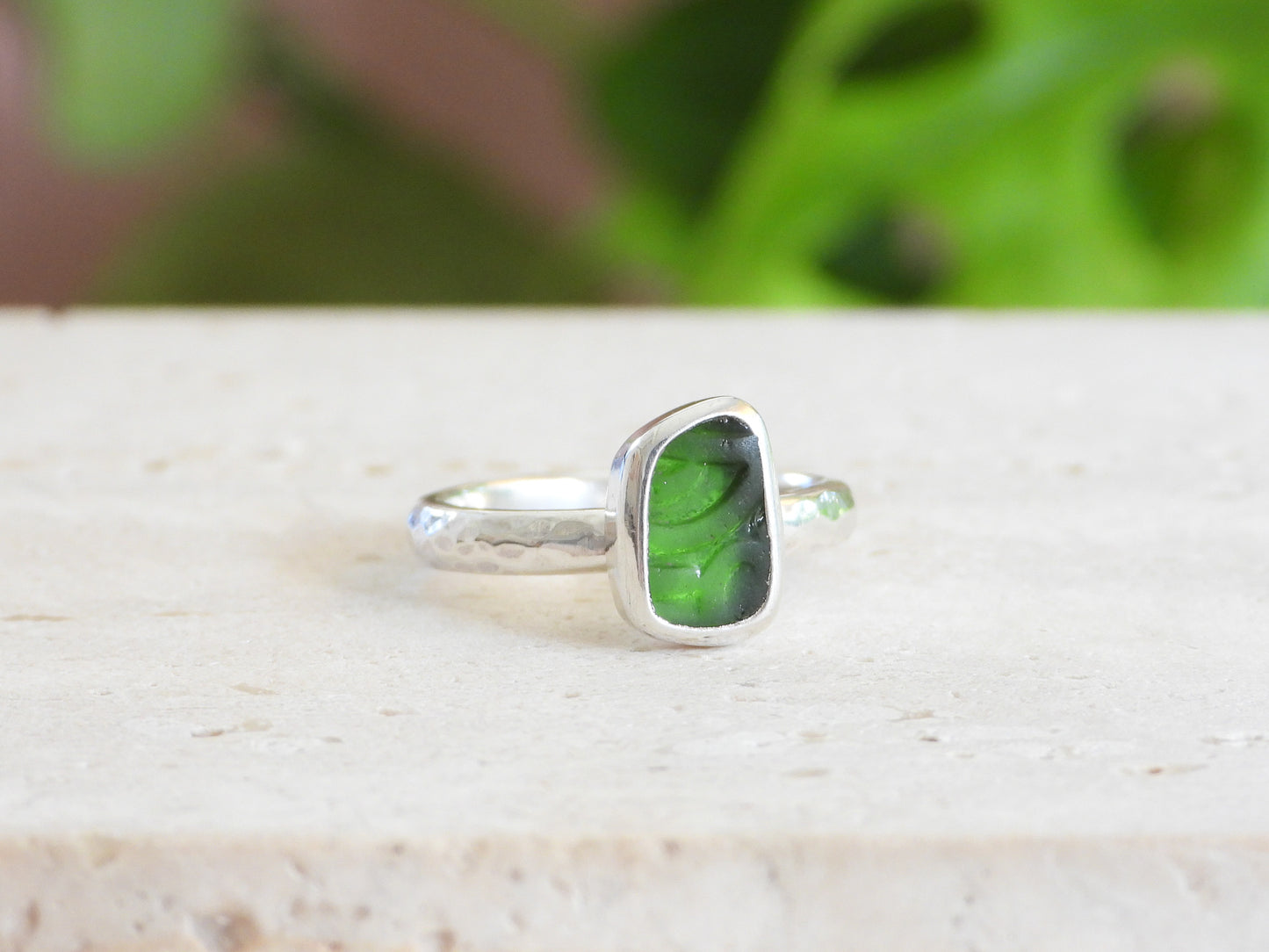 Rare Embossed Green Seaglass Ring | Recycled Silver 925 | Size L/M