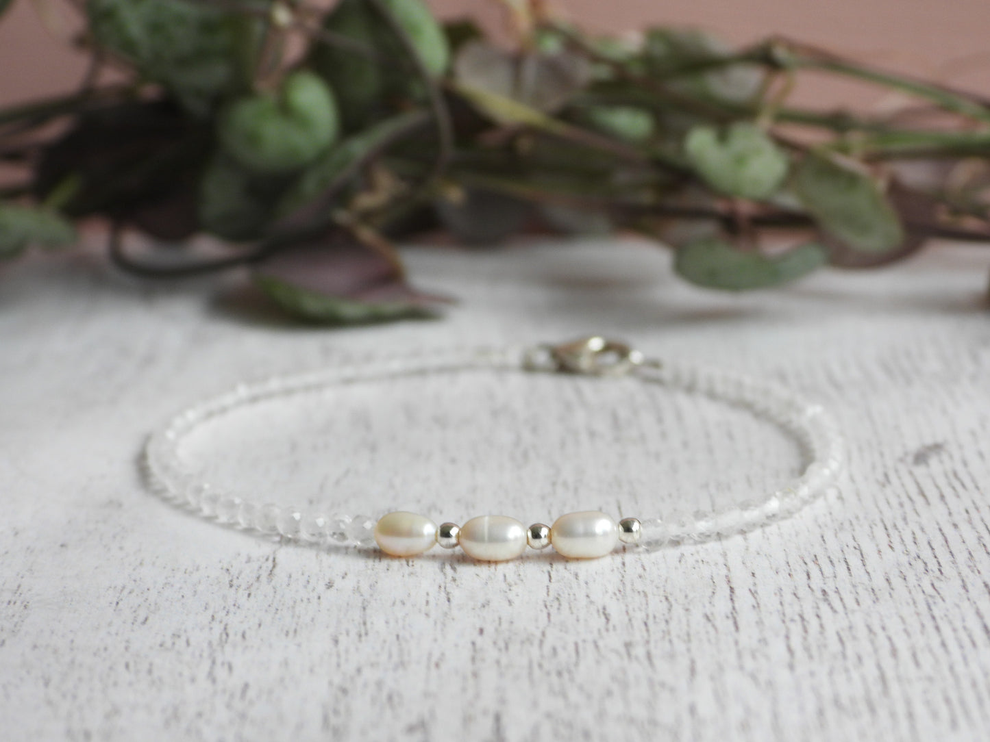 handmade pearl and quartz April birthstone beaded bracelet, handmade in Cornwall