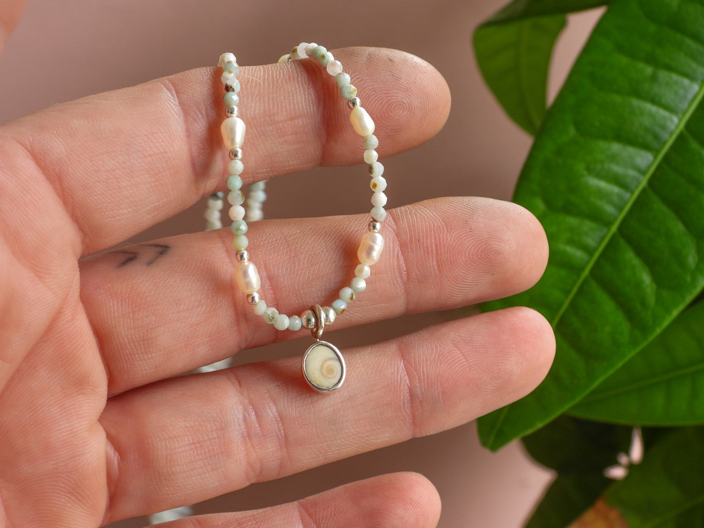Larimar & Pearl Necklace with Shiva Shell Charm | Morvoren Collection