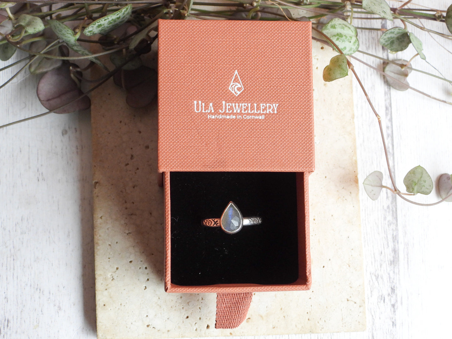 Labradorite Teardrop Gemstone Ring | Size O | Recycled Sterling Silver