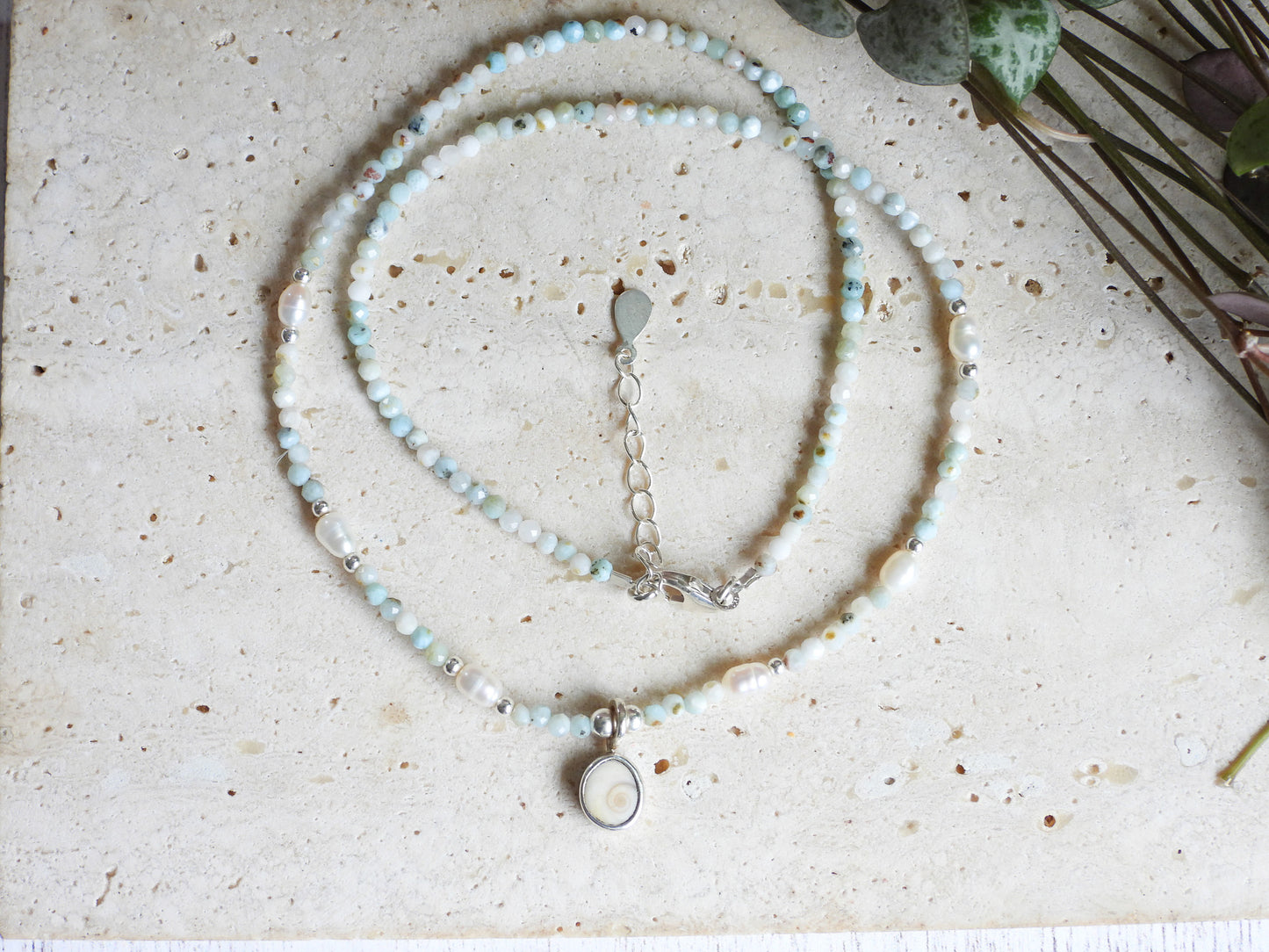 Larimar & Pearl Necklace with Shiva Shell Charm | Morvoren Collection