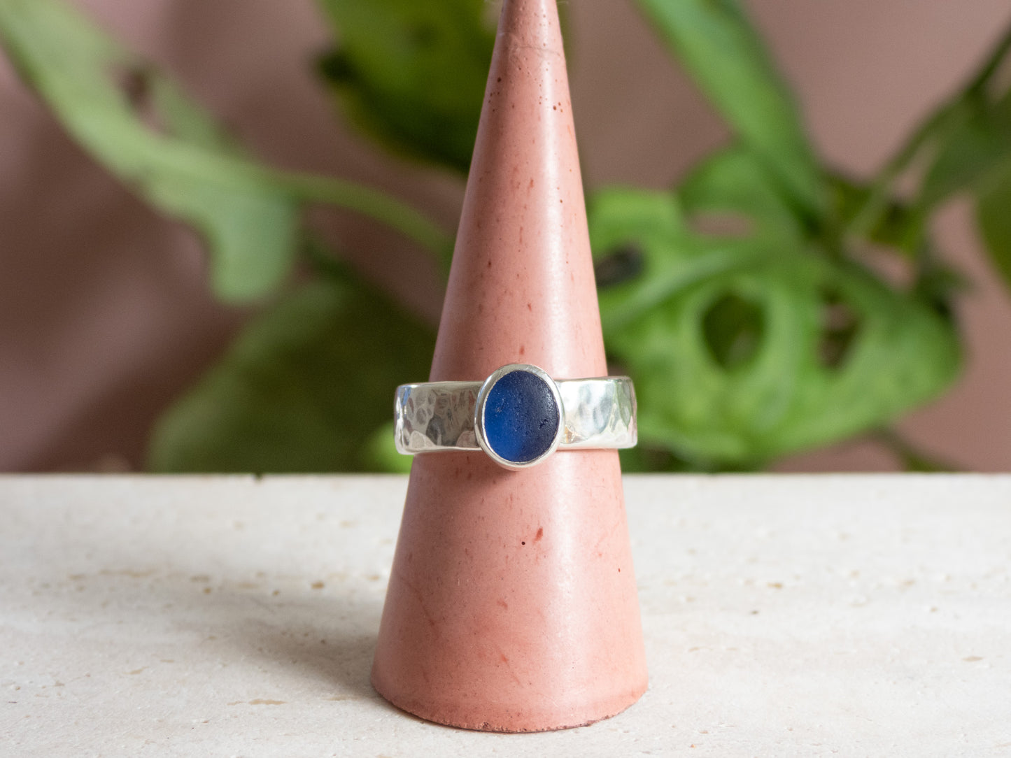 Chunky Dark Blue Seaglass Ring | Recycled Silver 925 | Portreath Beach | Size N/O