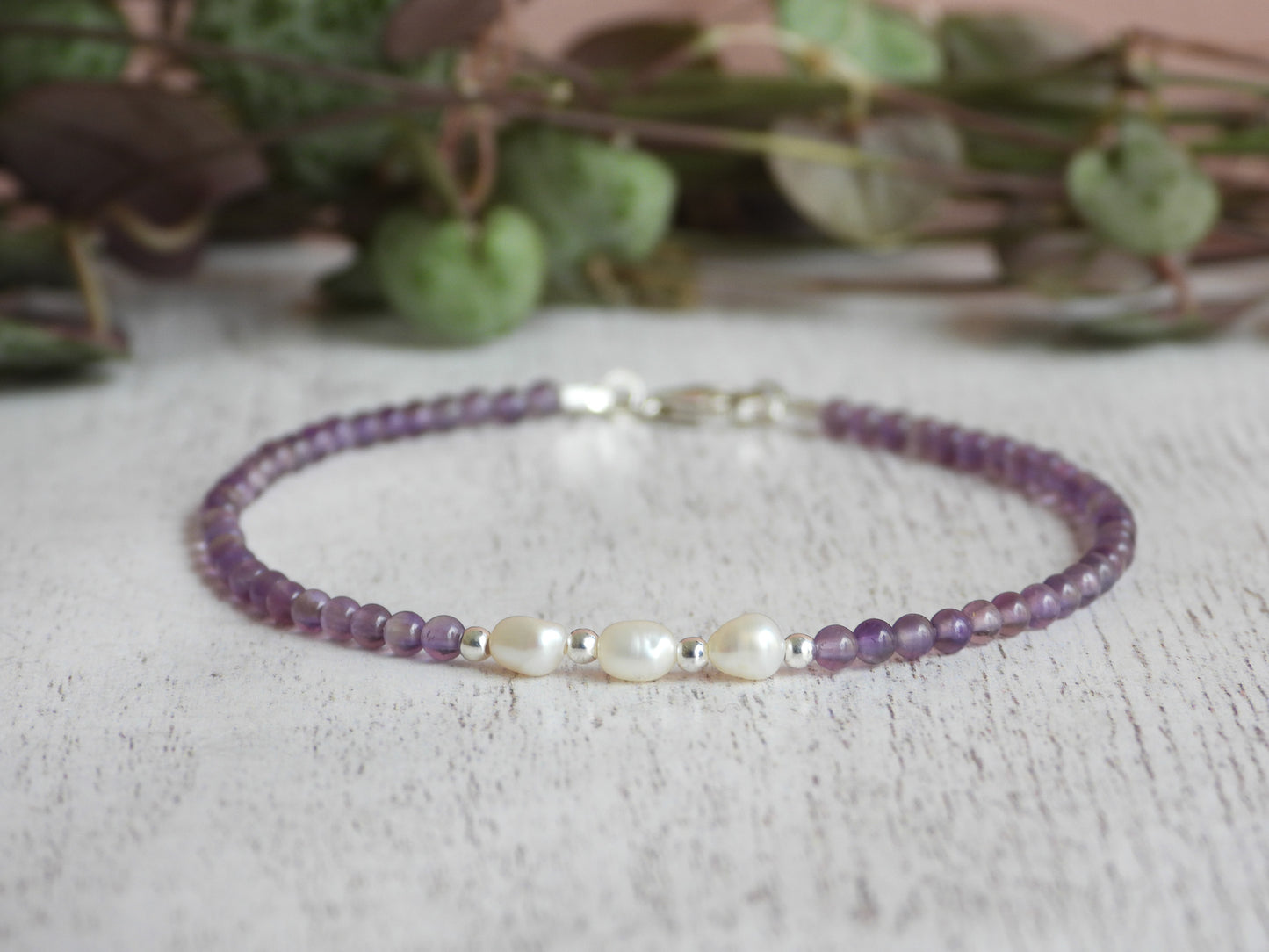 Dainty Amethyst and Pearl Gemstone Bracelet | February Birthstone | Round Beads