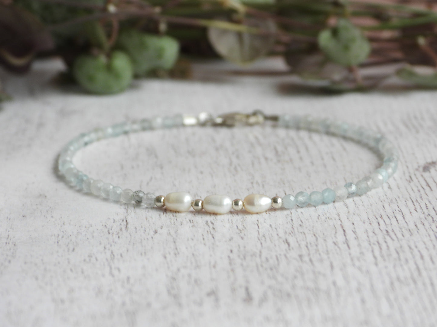 minimalist aqumarine and pearl handmade beaded bracelet with 925 silver