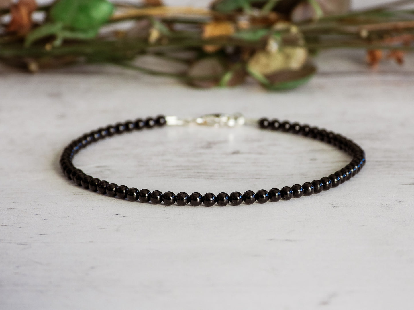 minimalist 2mm black spinel gemstone beaded bracelet with sterling silver clasp