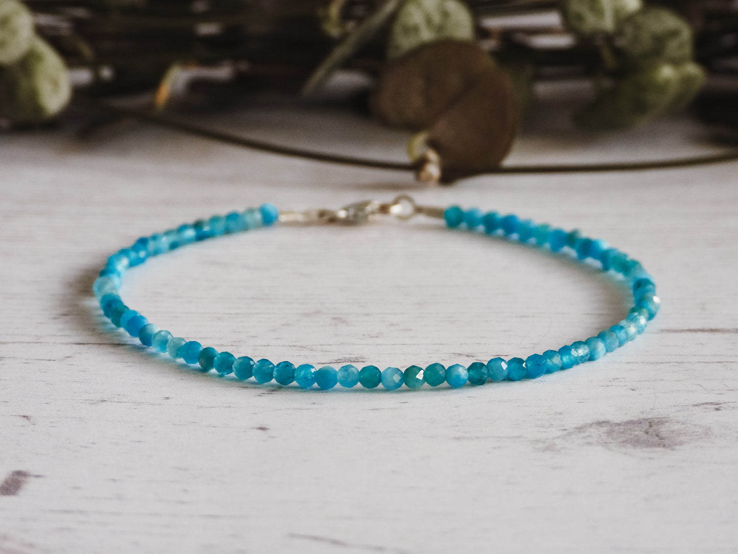 minimalist blue apatite gemstone beaded stacking bracelet