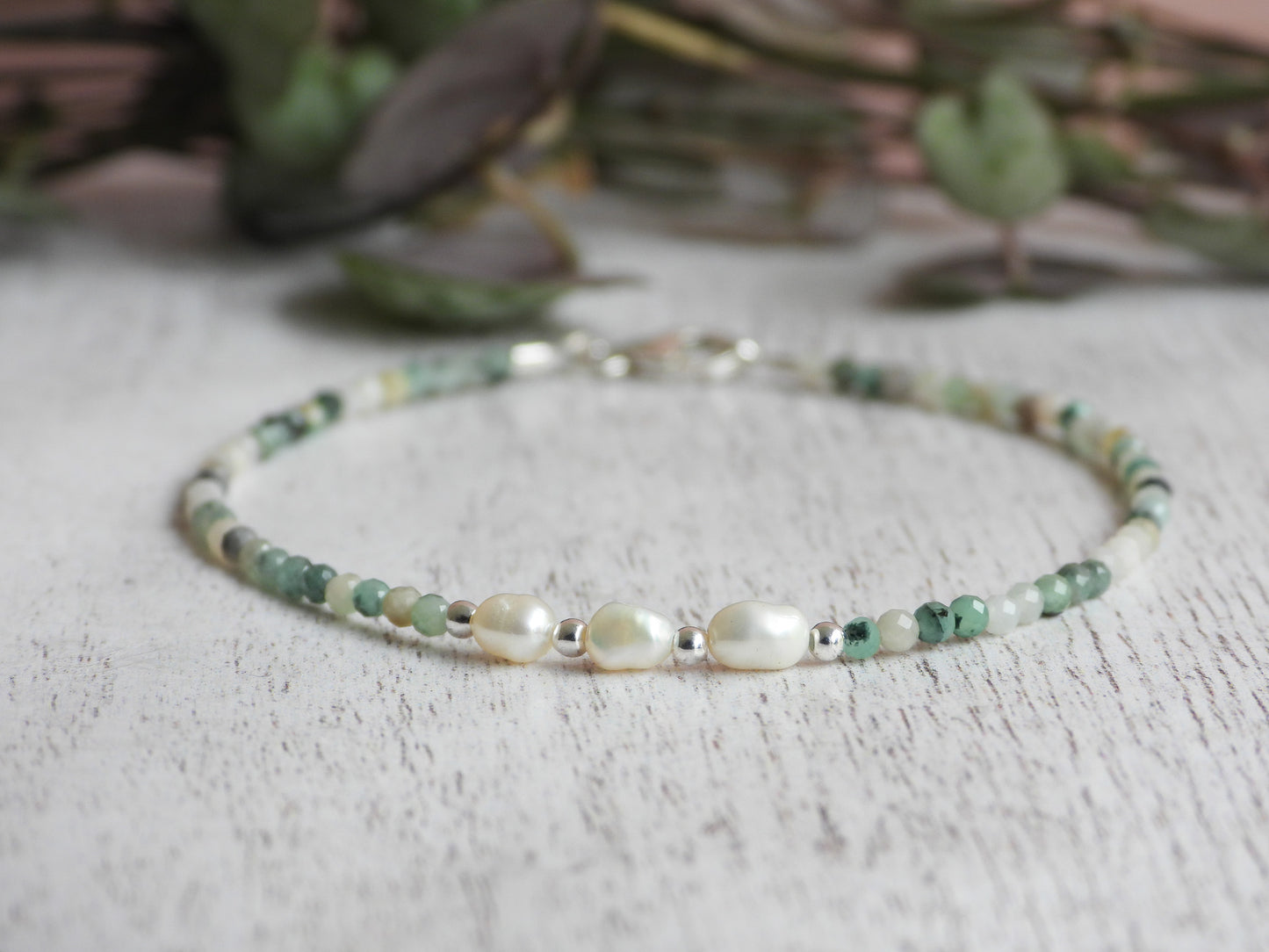 Dainty Emerald and Pearl Gemstone Bracelet | May Birthstone | Faceted Beads