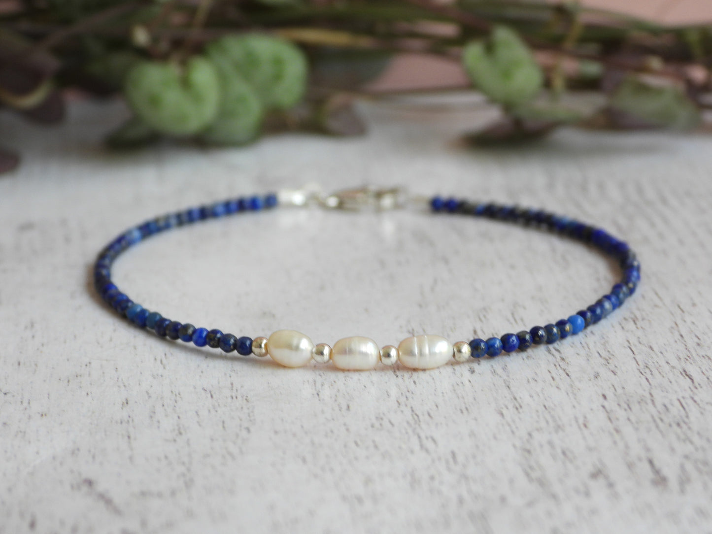 minimalist lapis lazuli September birthstone bracelet with sterling silver clasp