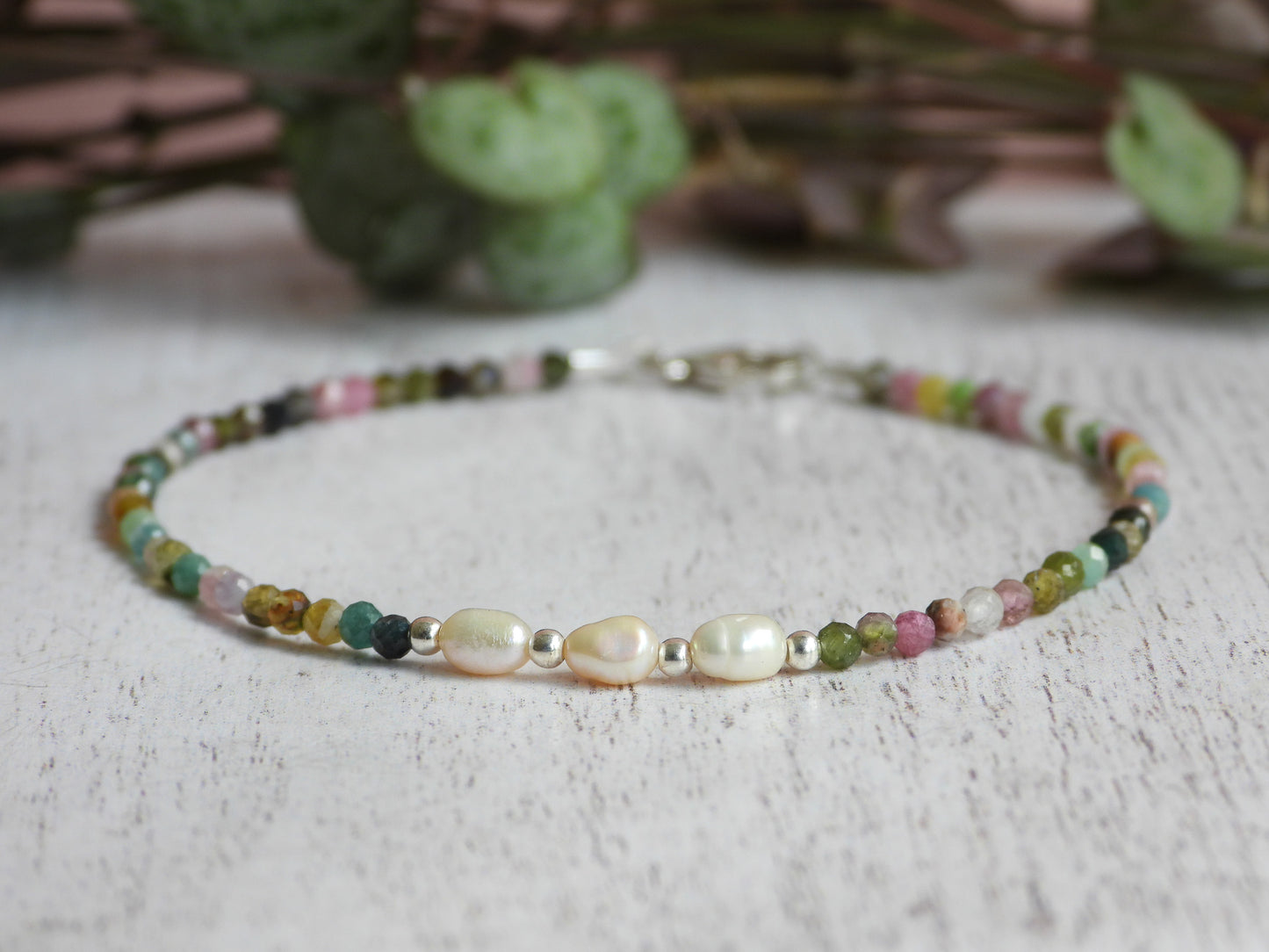 Dainty Tourmaline and Pearl Gemstone Bracelet | October Birthstone | Faceted Beads