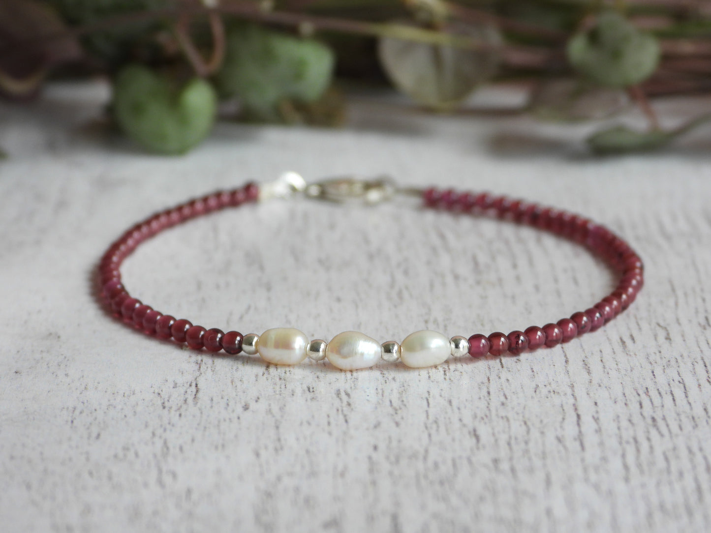 Dainty Garnet and Pearl Gemstone Bracelet | January Birthstone | Round Beads