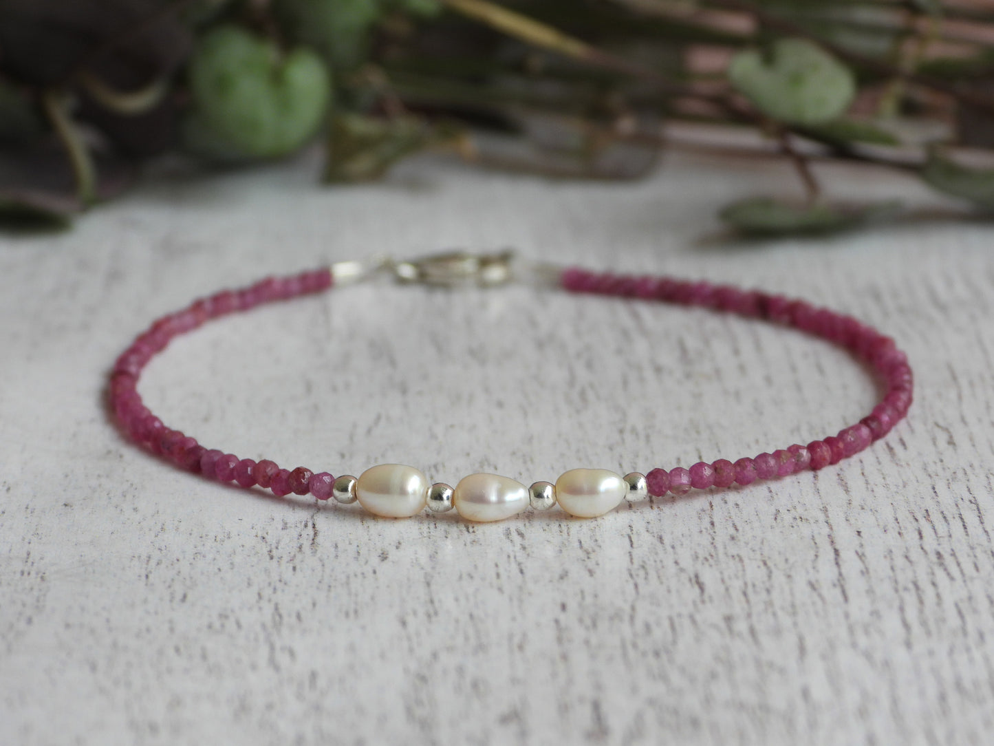 Dainty Ruby and Pearl Gemstone Bracelet | July Birthstone | Faceted Beads