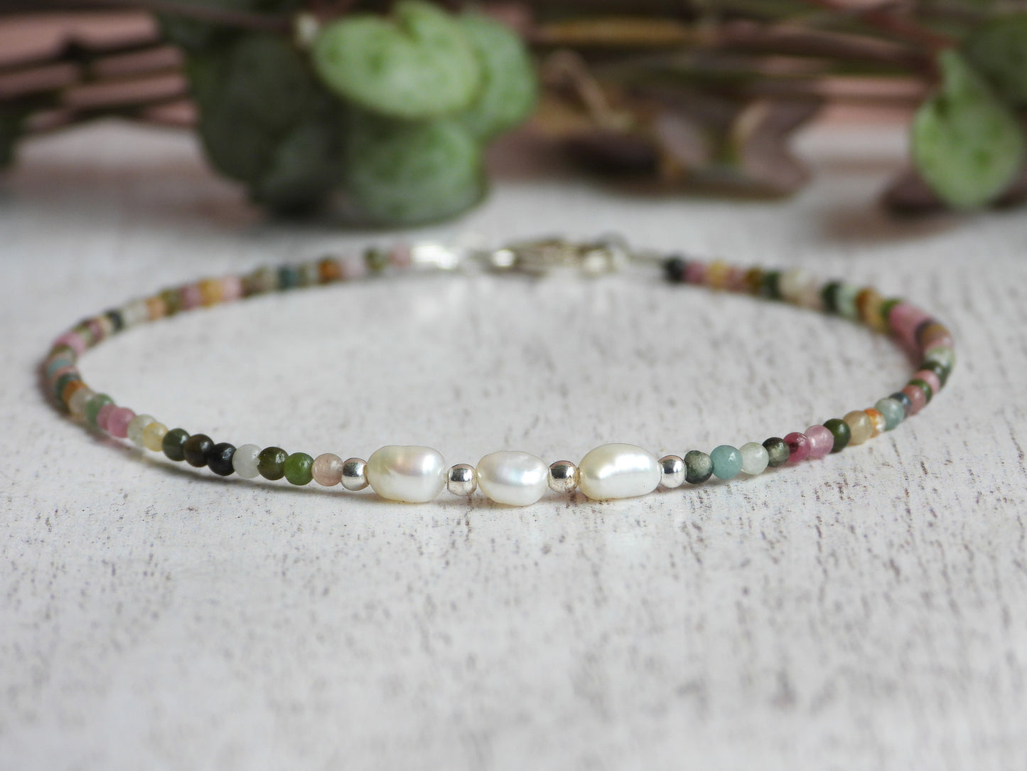 Dainty Tourmaline and Pearl Gemstone Bracelet | October Birthstone Birthstone | Round Beads