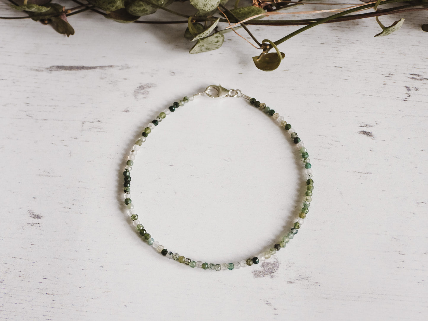 moss agate beaded bracelet sterling silver
