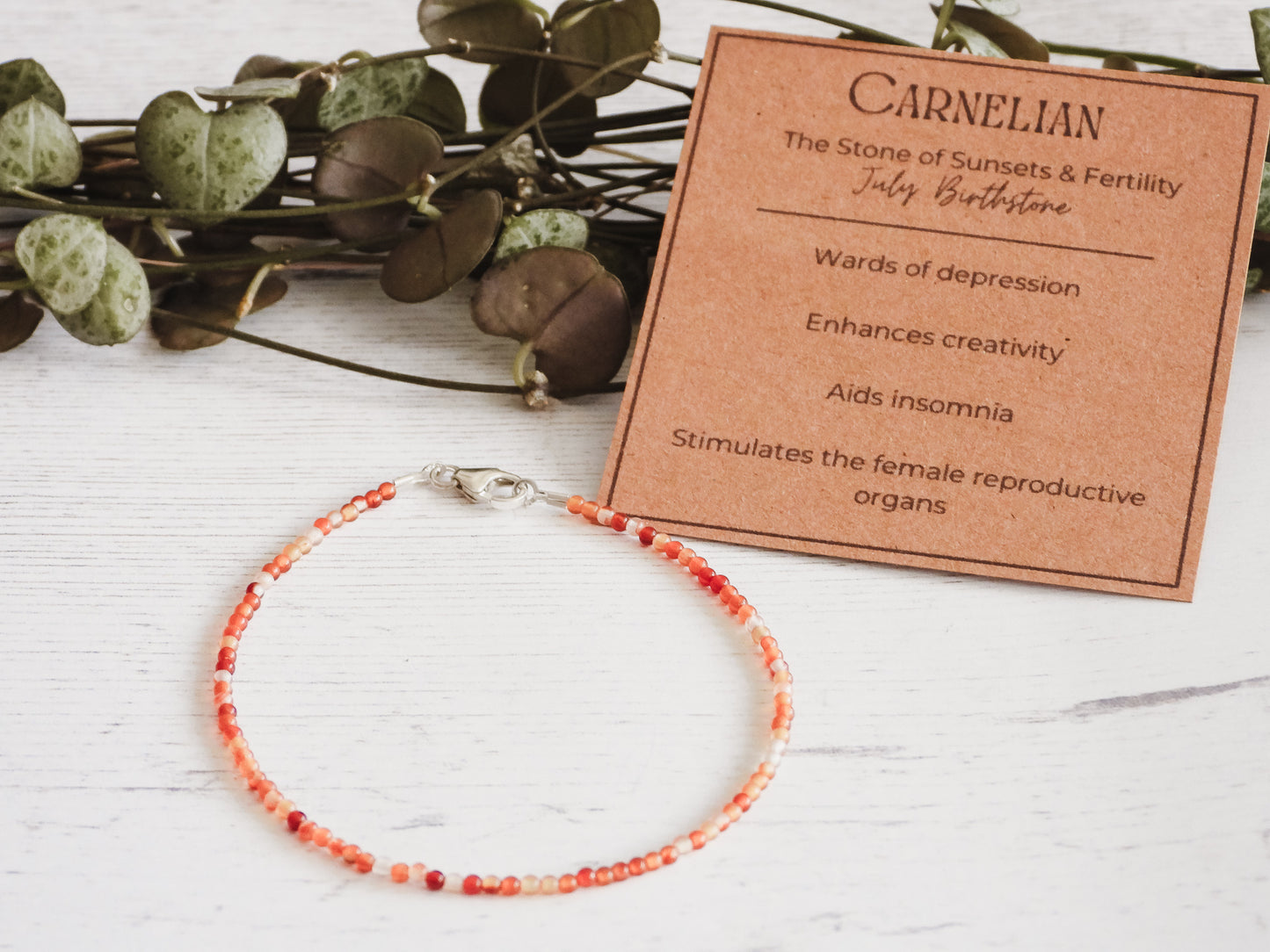 minimalist carnelian bracelet with crystal healing properties card