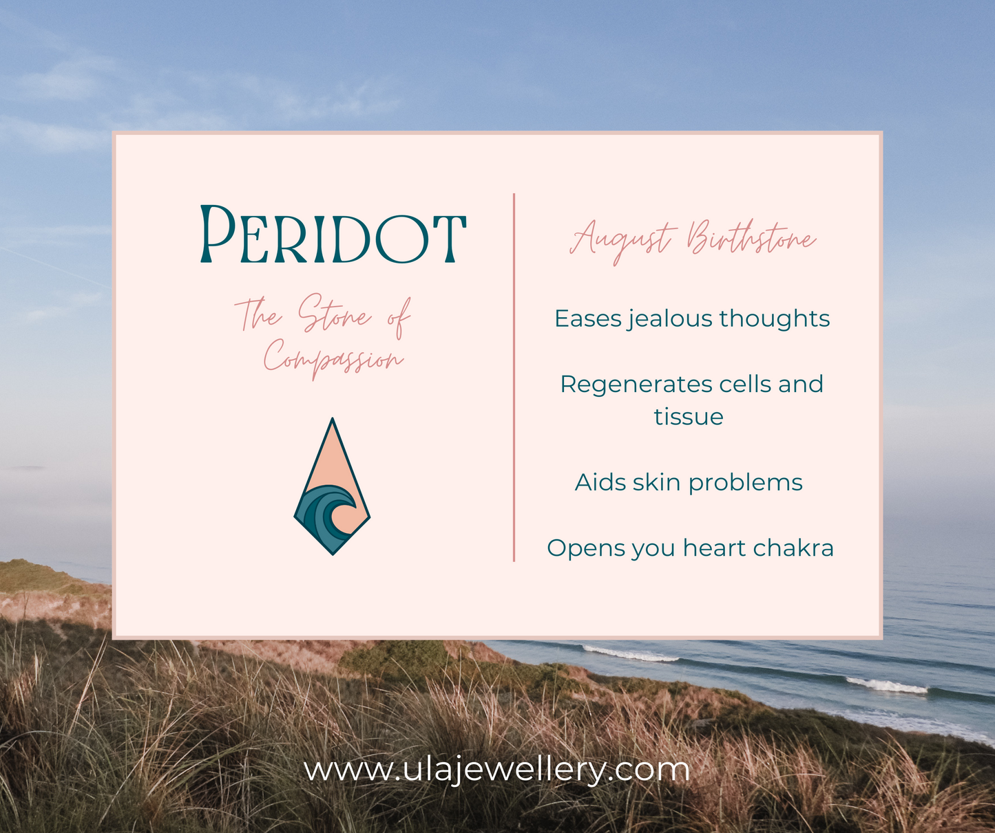 peridot crystal healing properties infographic by Ula Jewellery Cornwall