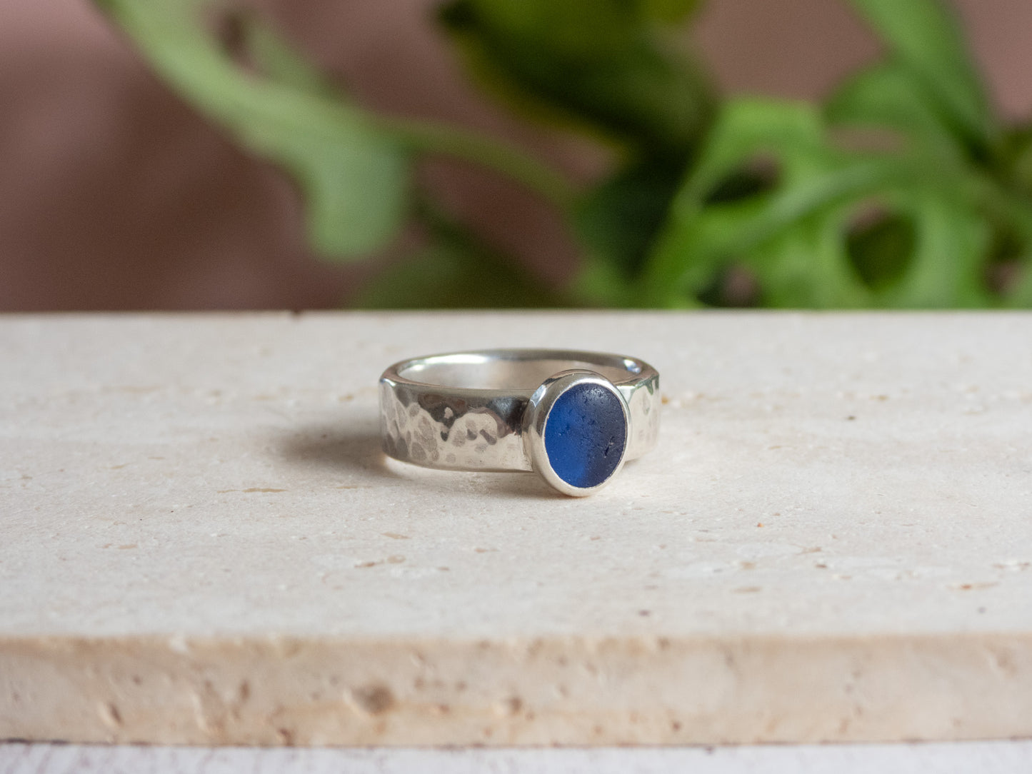 Chunky Dark Blue Seaglass Ring | Recycled Silver 925 | Portreath Beach | Size N/O