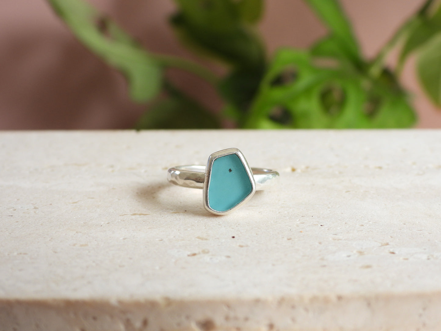 rare bright turquoise seaglass ring on recycled sterling silver hamered band