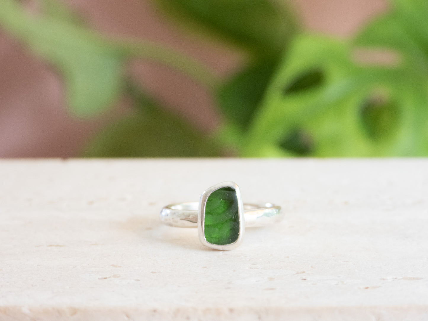 Rare Embossed Green Seaglass Ring | Recycled Silver 925 | Size L/M