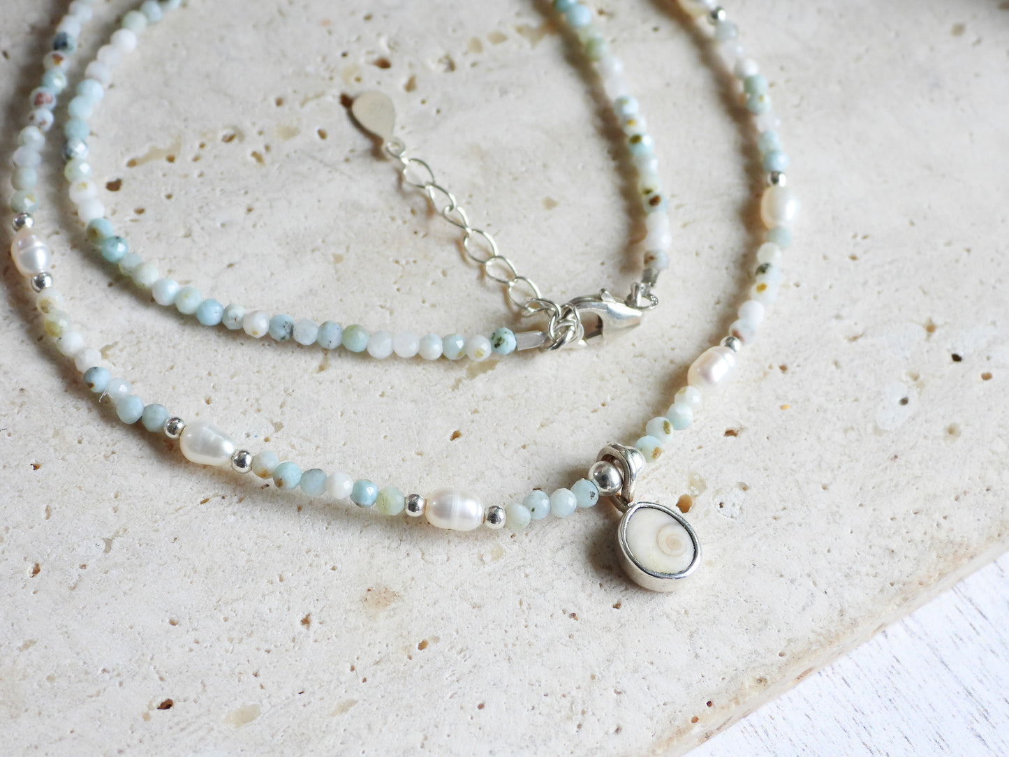 Larimar & Pearl Necklace with Shiva Shell Charm | Morvoren Collection