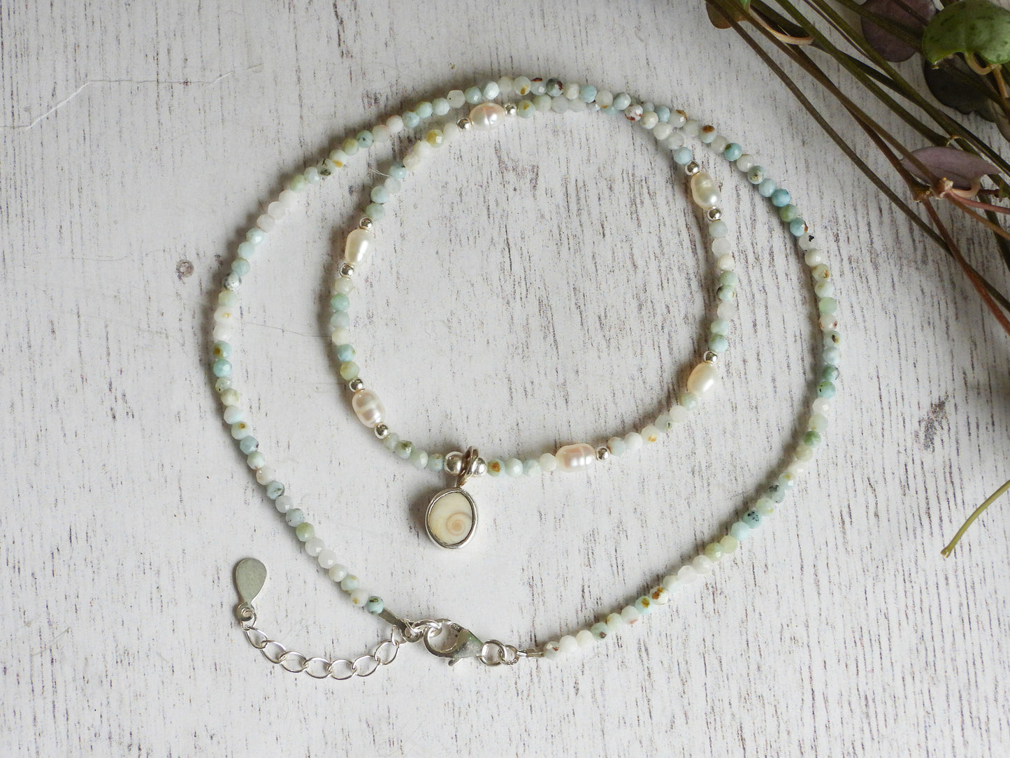 Larimar & Pearl Necklace with Shiva Shell Charm | Morvoren Collection